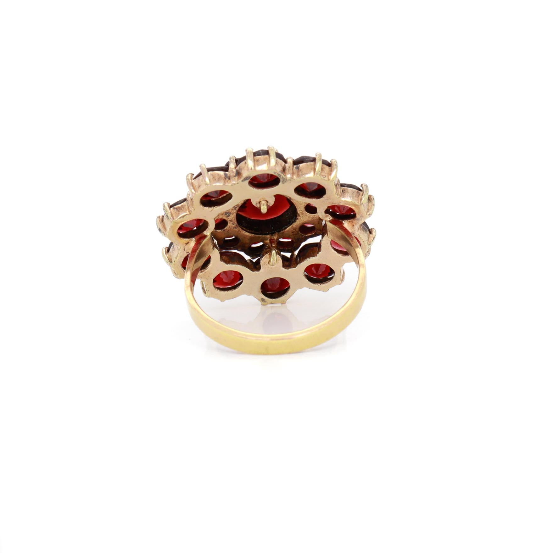 Women's Antique Bohemian Garnet Cluster Snowflake or Flower Ring with a 14K Gold Shank