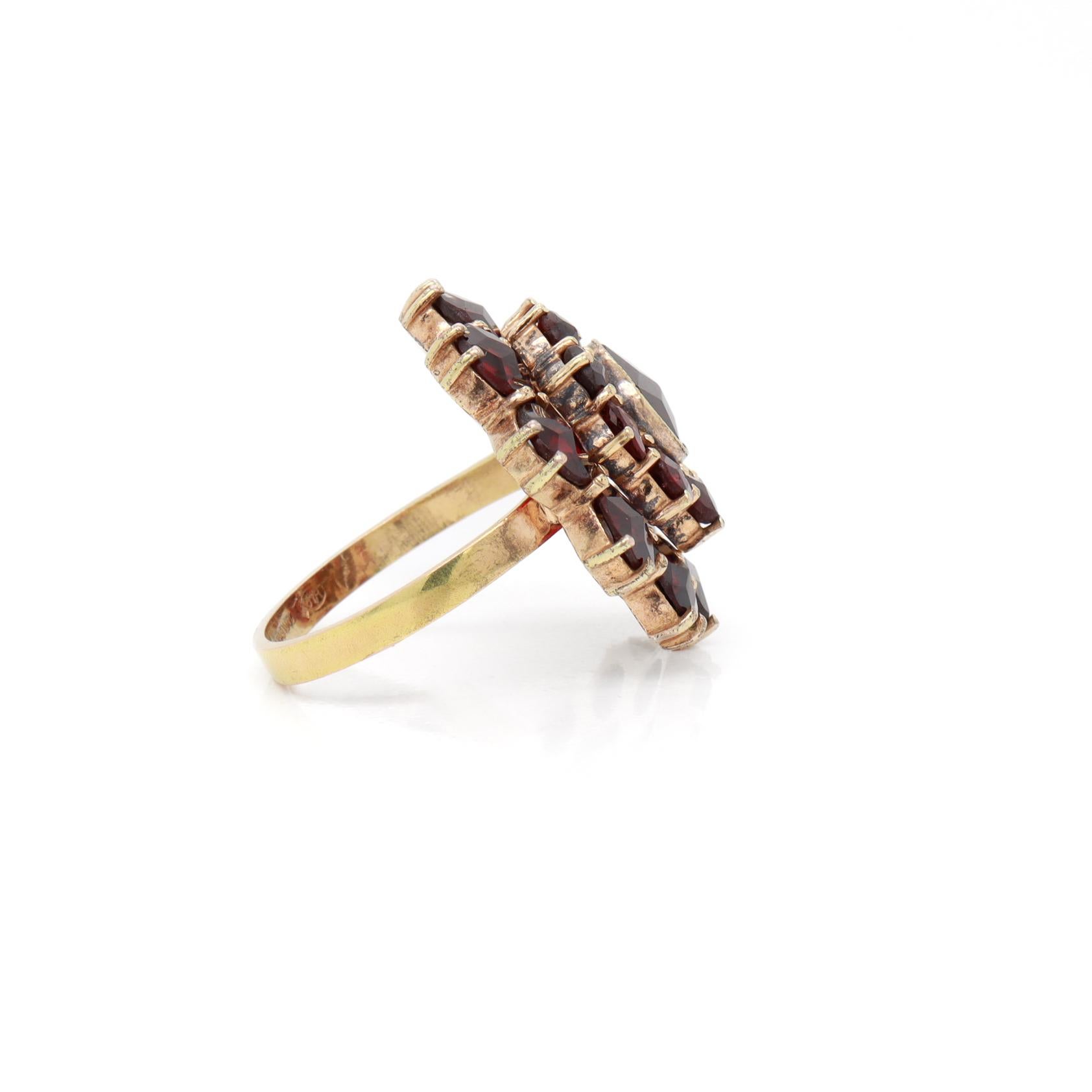 Antique Bohemian Garnet Cluster Snowflake or Flower Ring with a 14K Gold Shank 1