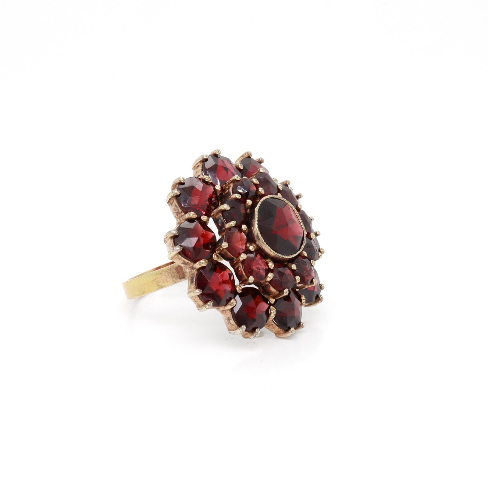 Antique Bohemian Garnet Cluster Snowflake or Flower Ring with a 14K Gold Shank 2