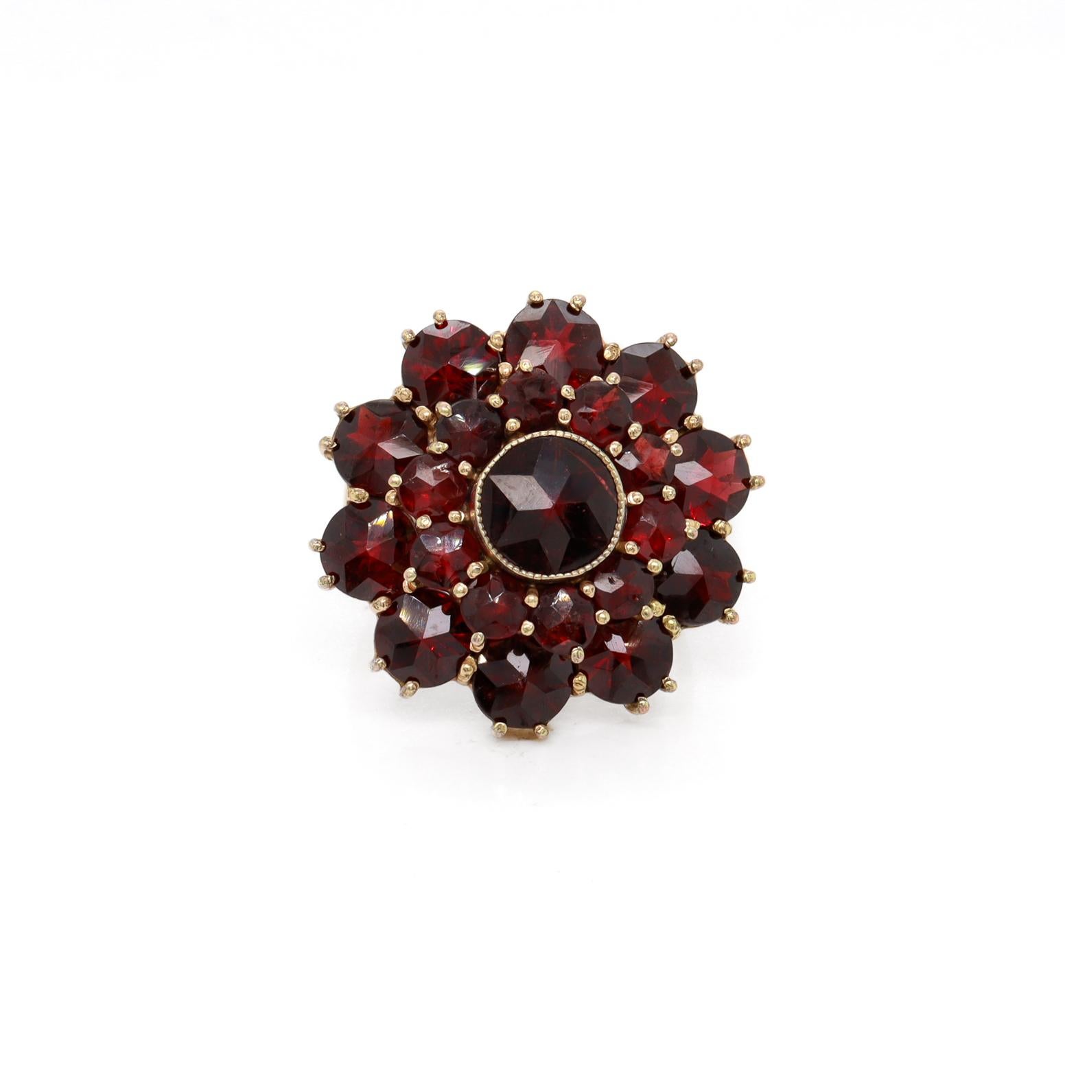 Antique Bohemian Garnet Cluster Snowflake or Flower Ring with a 14K Gold Shank 3