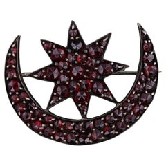 Antique Bohemian Garnet Crescent and Star Brooch