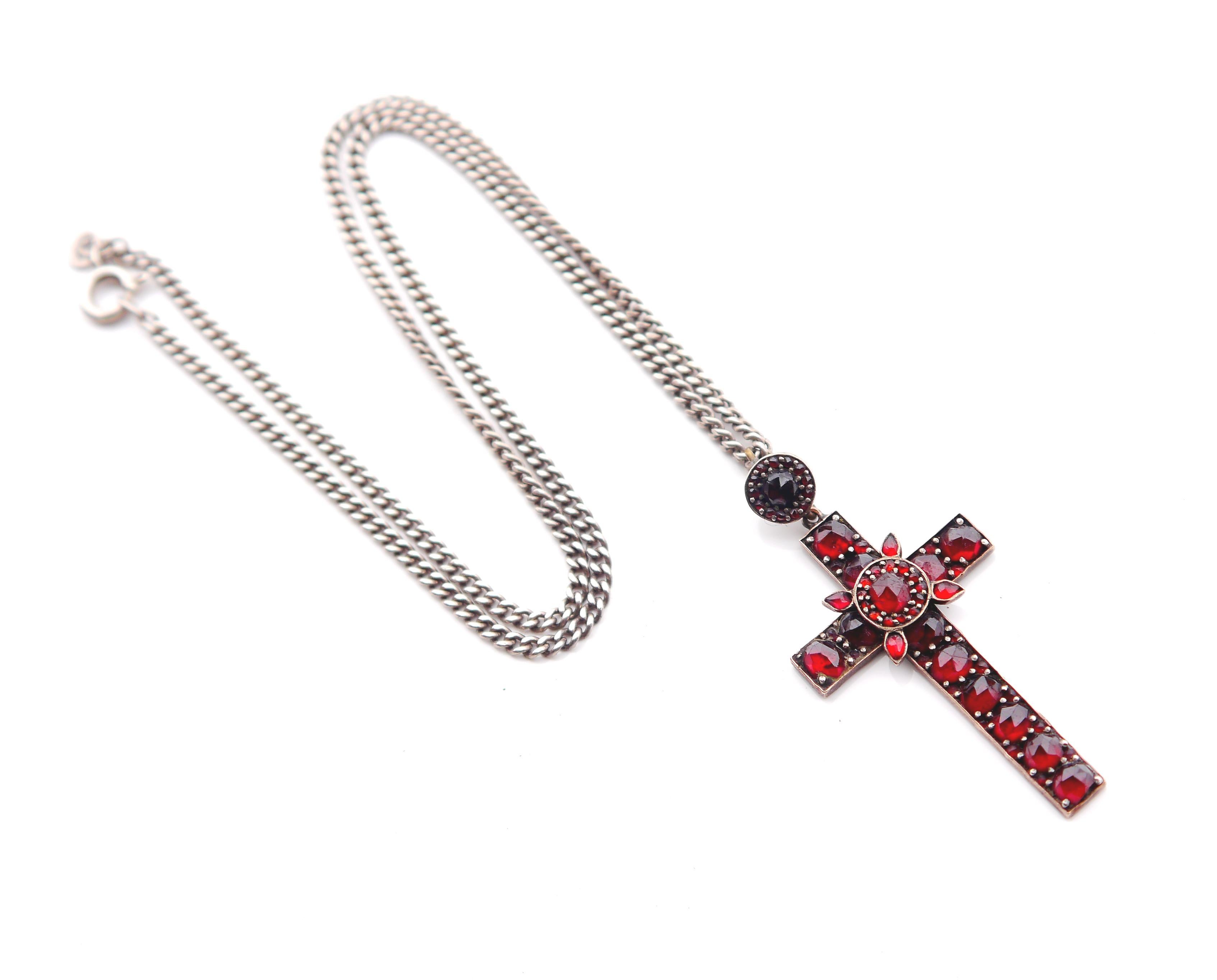 
Fine old Bohemian Silver Cross Pendant with rose cut Bohemian Garnets. Austrian - Hungarian Empire, no hallmarks , about 1850 – early 1900s. Metal is Silver washed with fine layer of Pink Gold. Traditional Christian Symbol in fine geometry..I