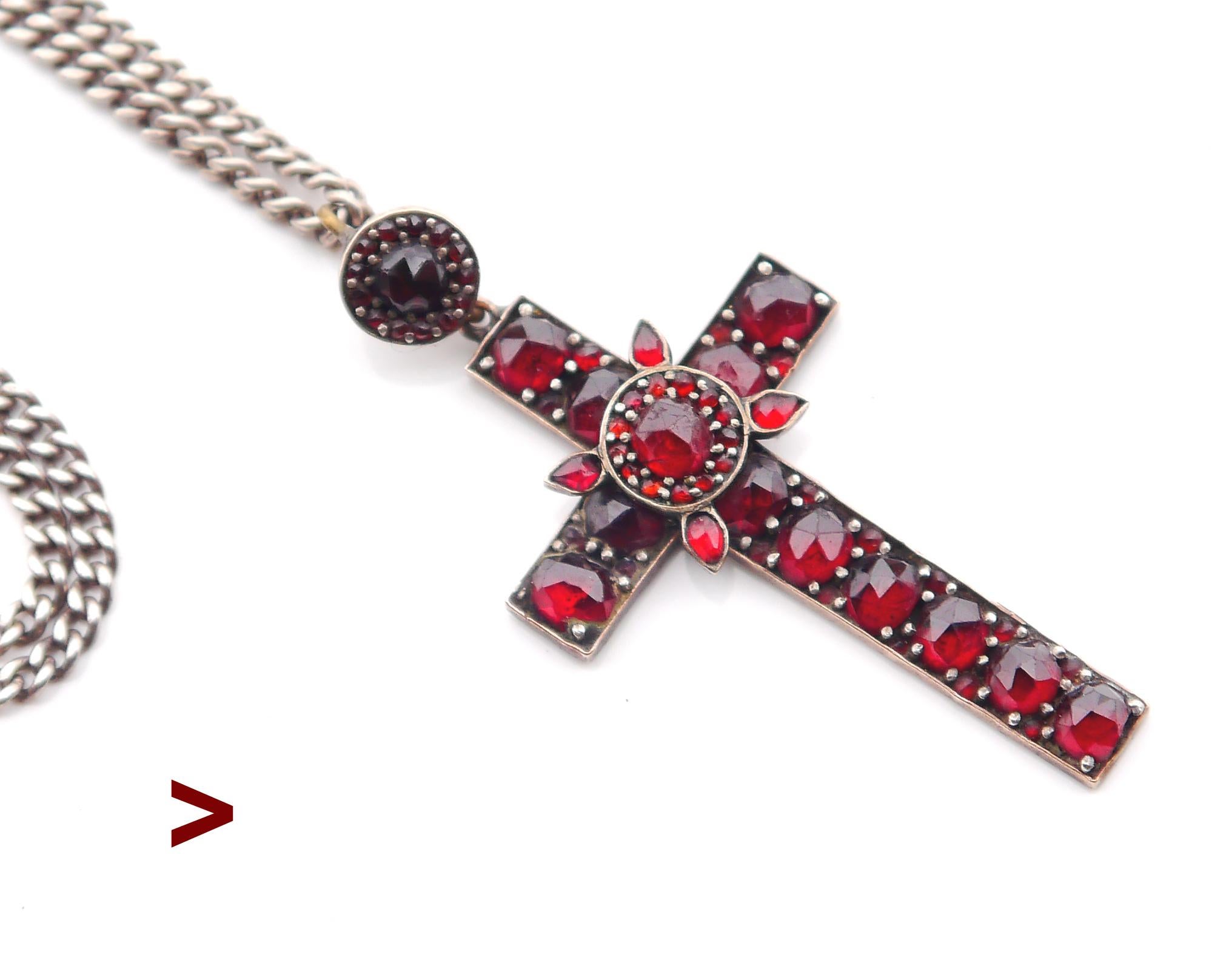 Rose Cut Antique Bohemian Garnet Cross Crucifix Garnets solid Gilt Silver/ 9.9gr For Sale