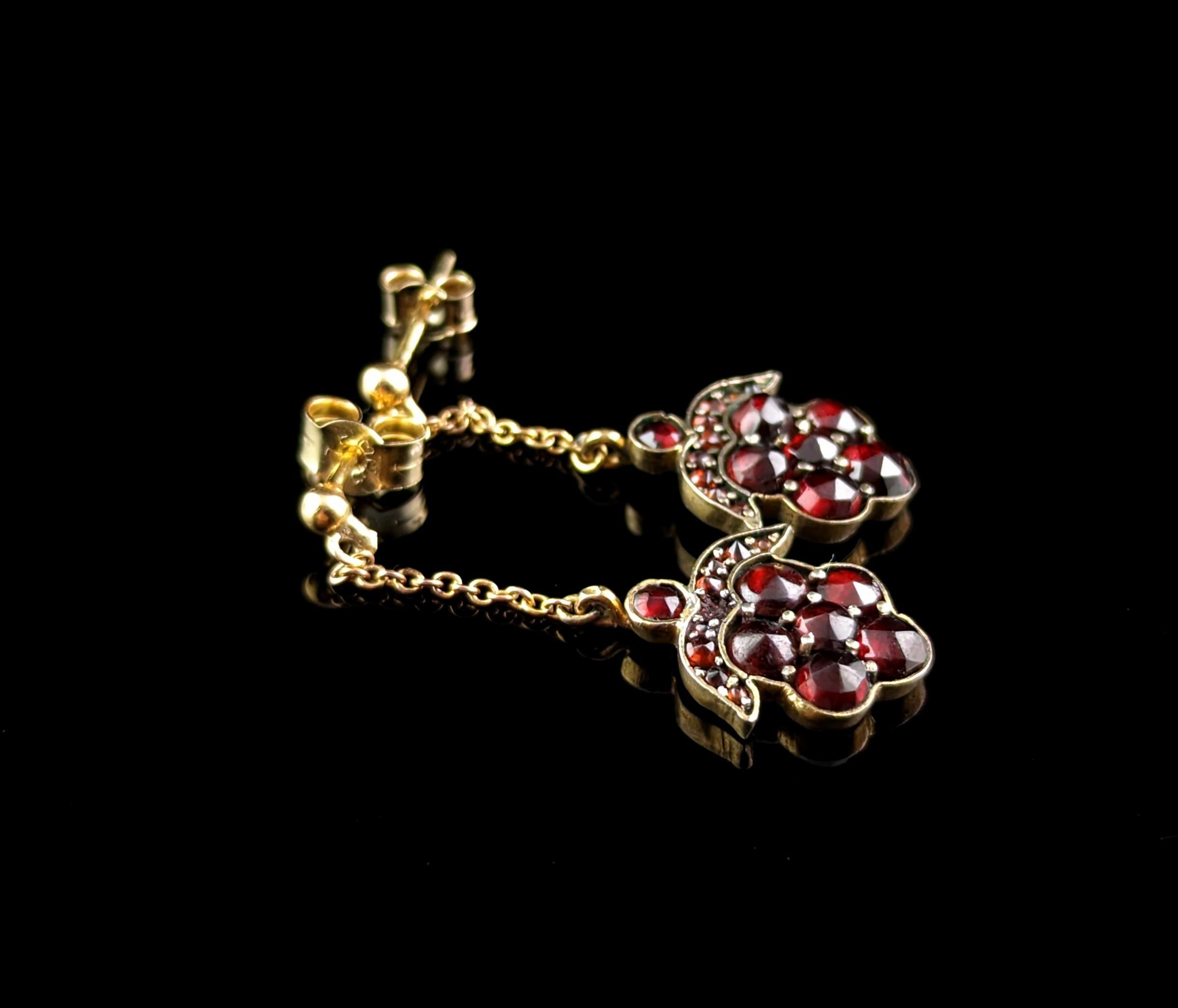 Antique Bohemian Garnet Drop Earrings, 8 Karat Gold, Victorian 1