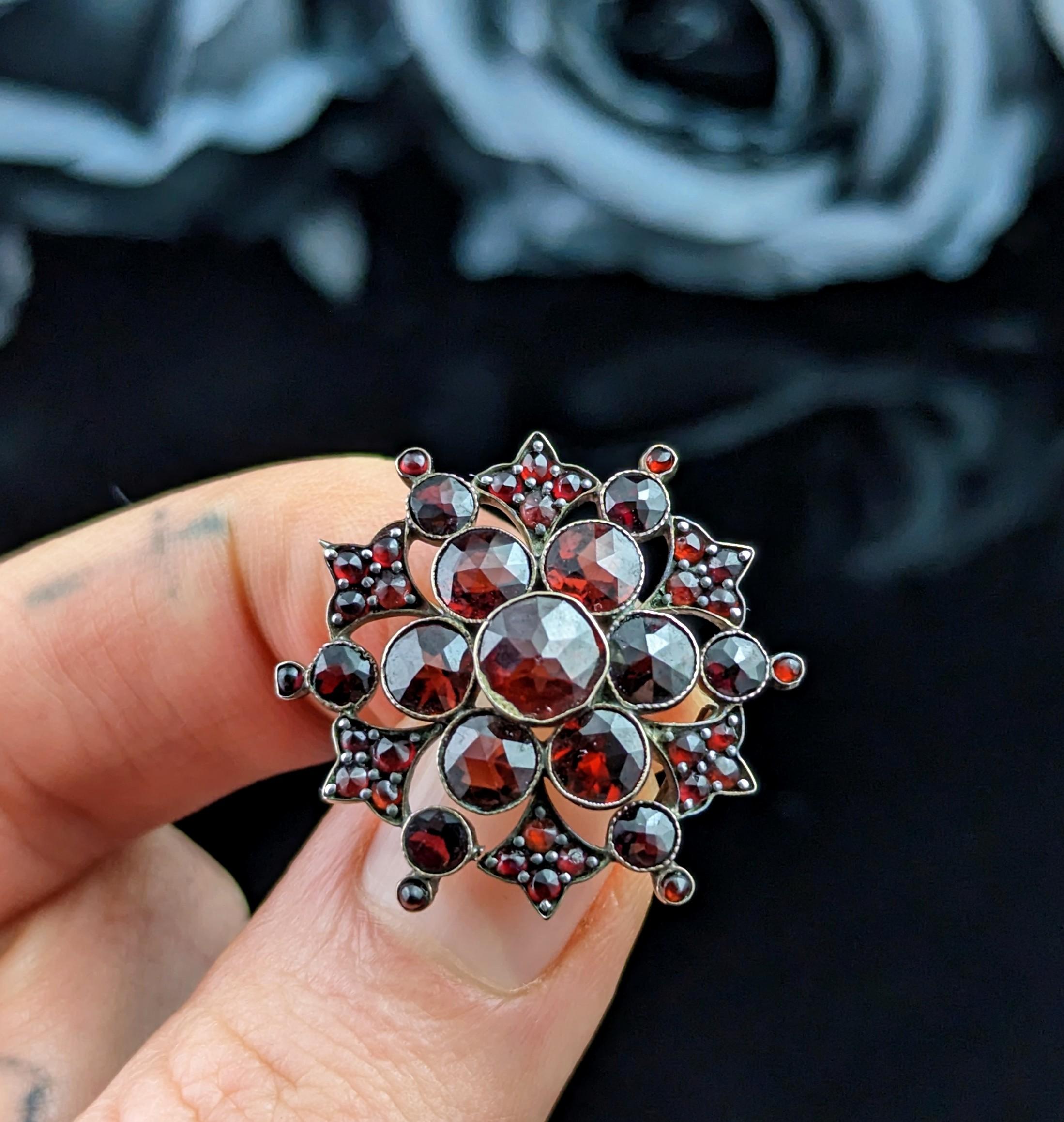 Antique Bohemian garnet Floral cluster brooch, Silver gilt 1