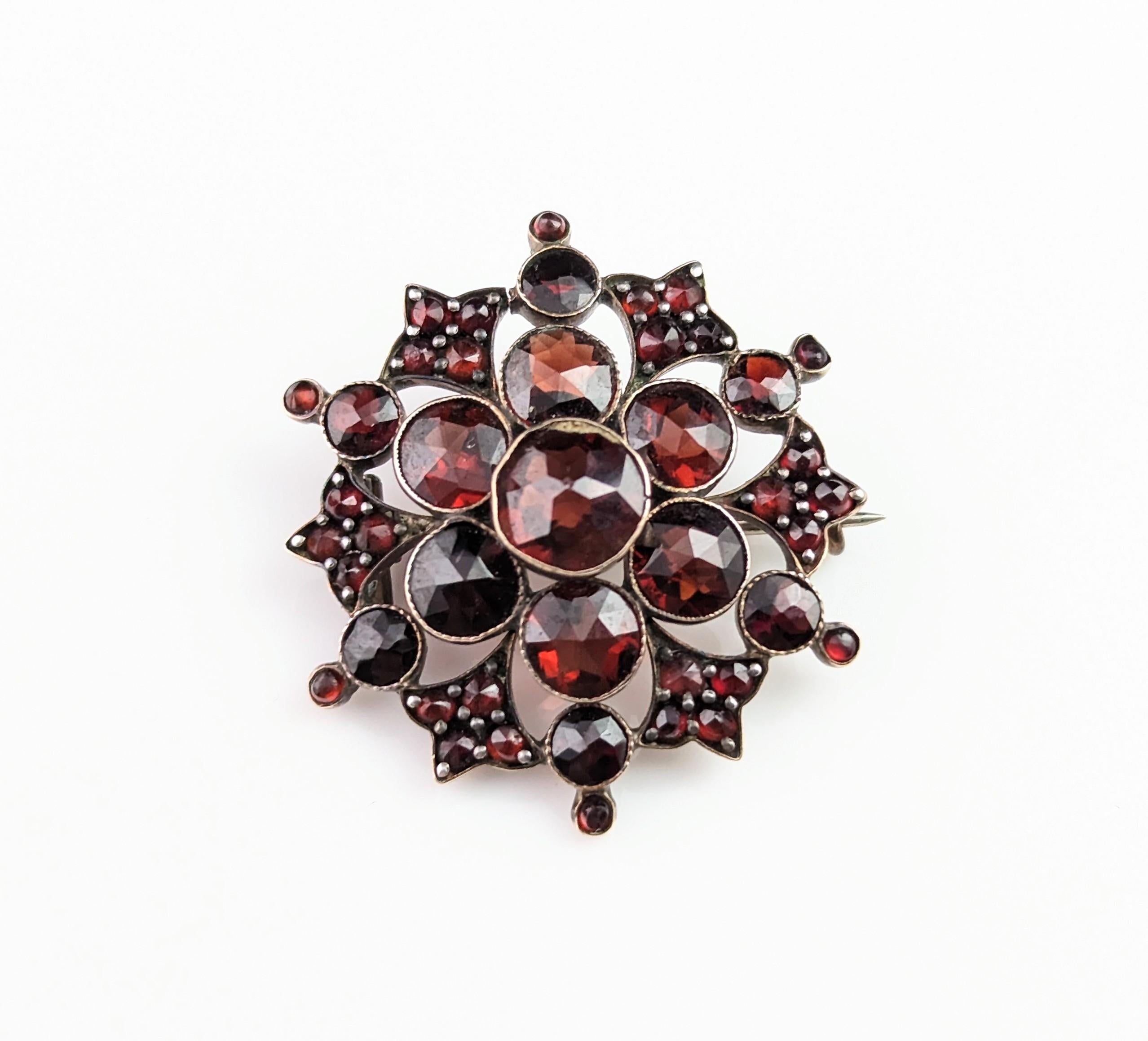 Antique Bohemian garnet Floral cluster brooch, Silver gilt 2