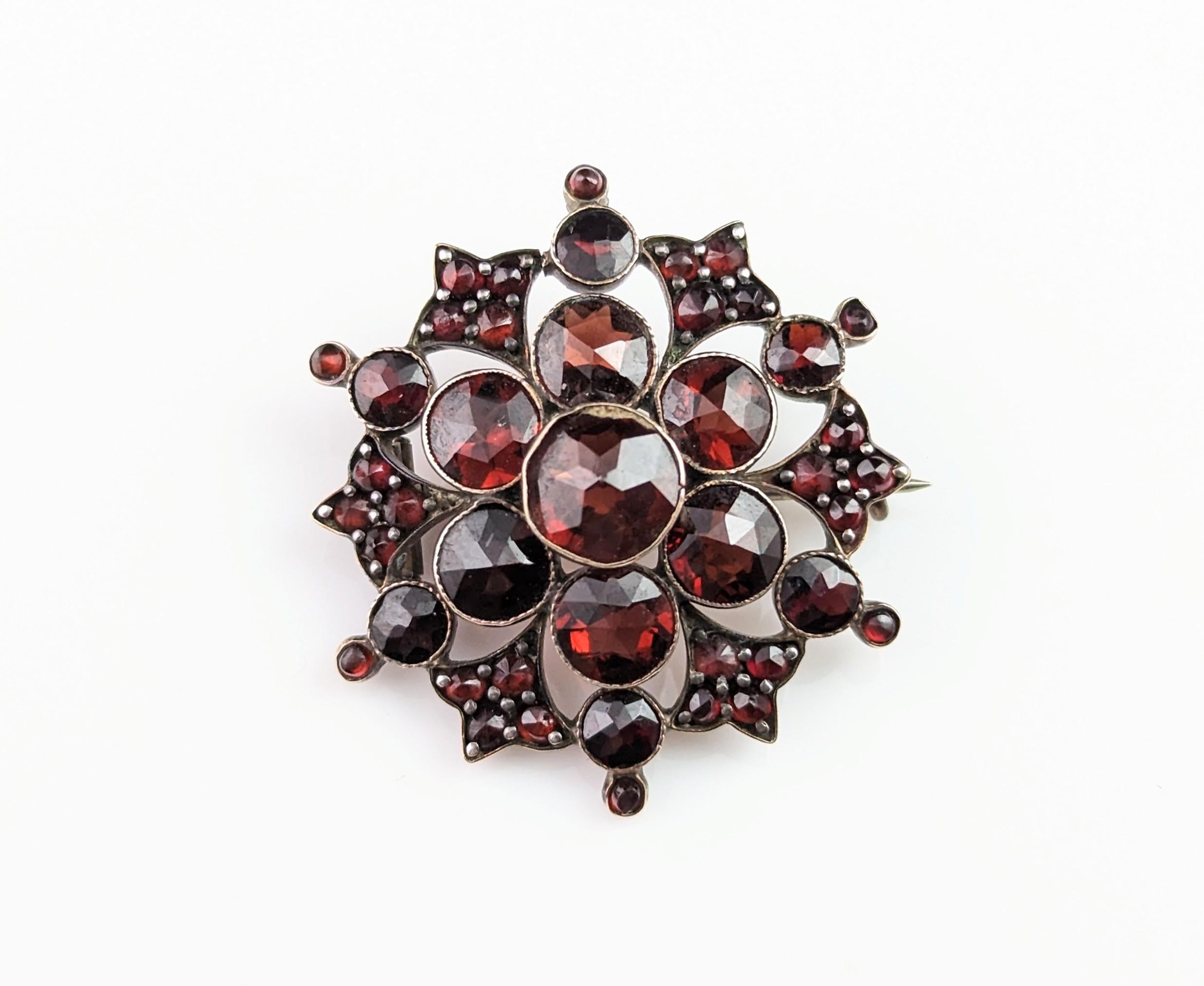 Antique Bohemian garnet Floral cluster brooch, Silver gilt 3