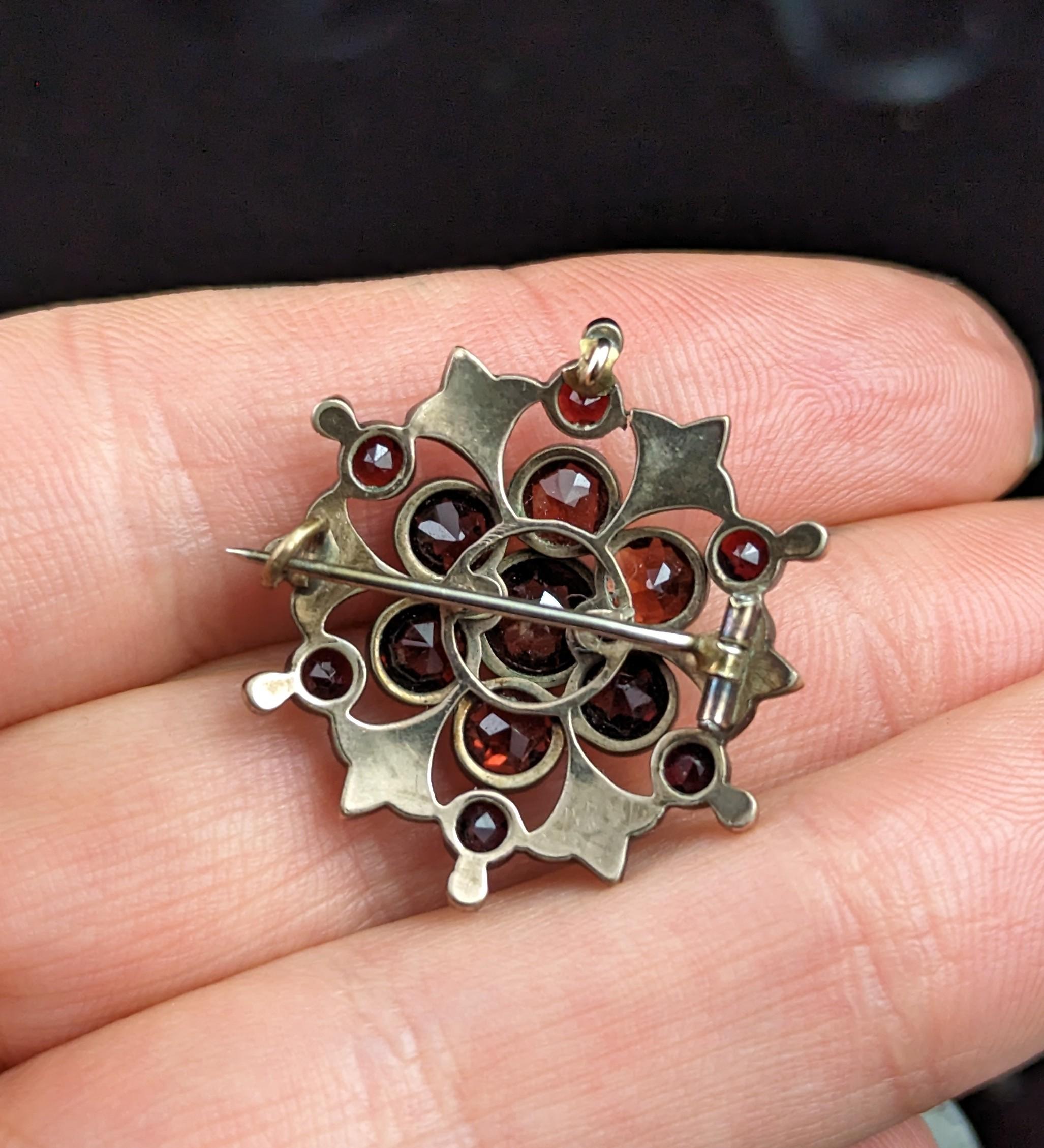 Victorian Antique Bohemian garnet Floral cluster brooch, Silver gilt