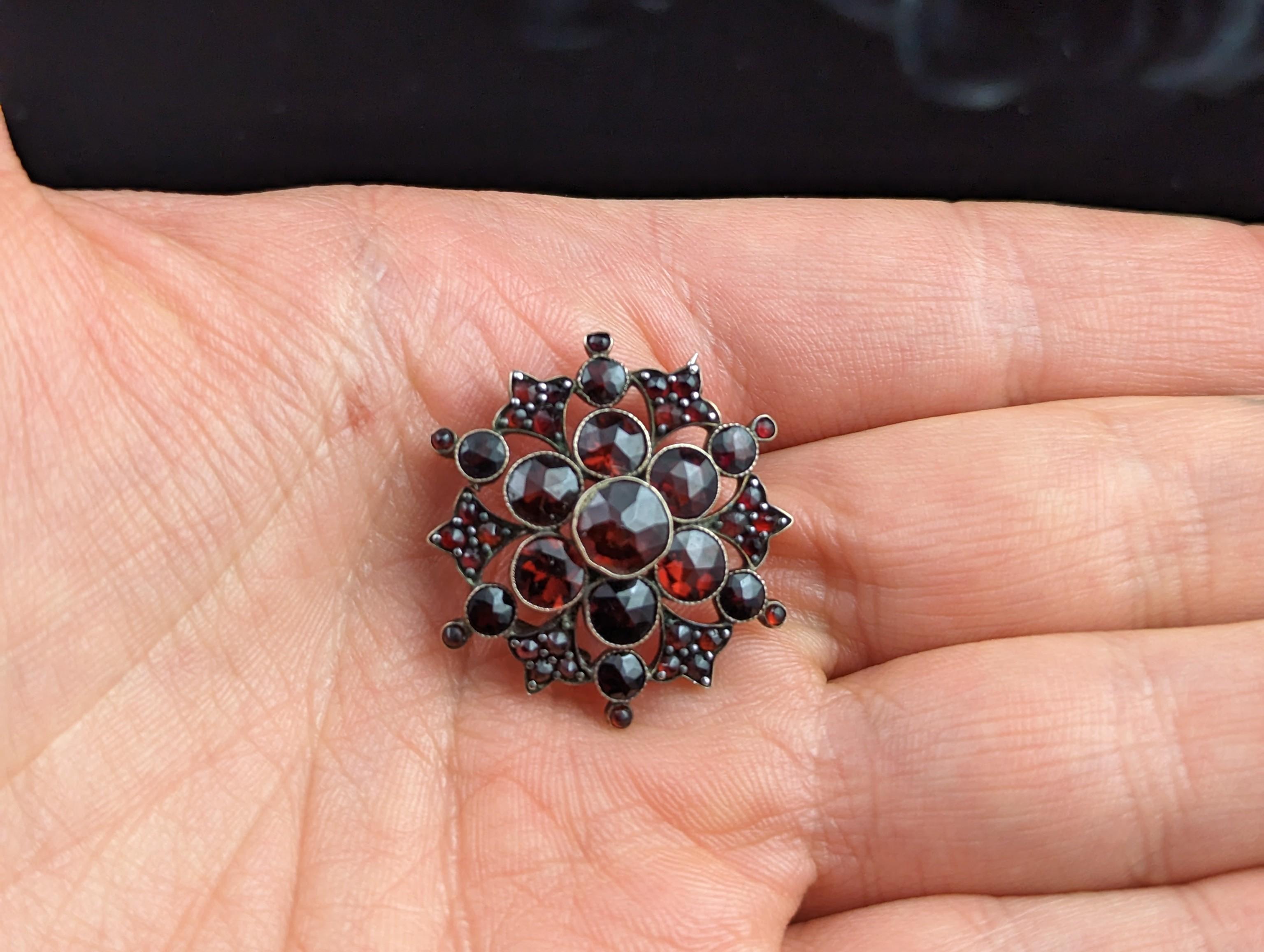 Mixed Cut Antique Bohemian garnet Floral cluster brooch, Silver gilt