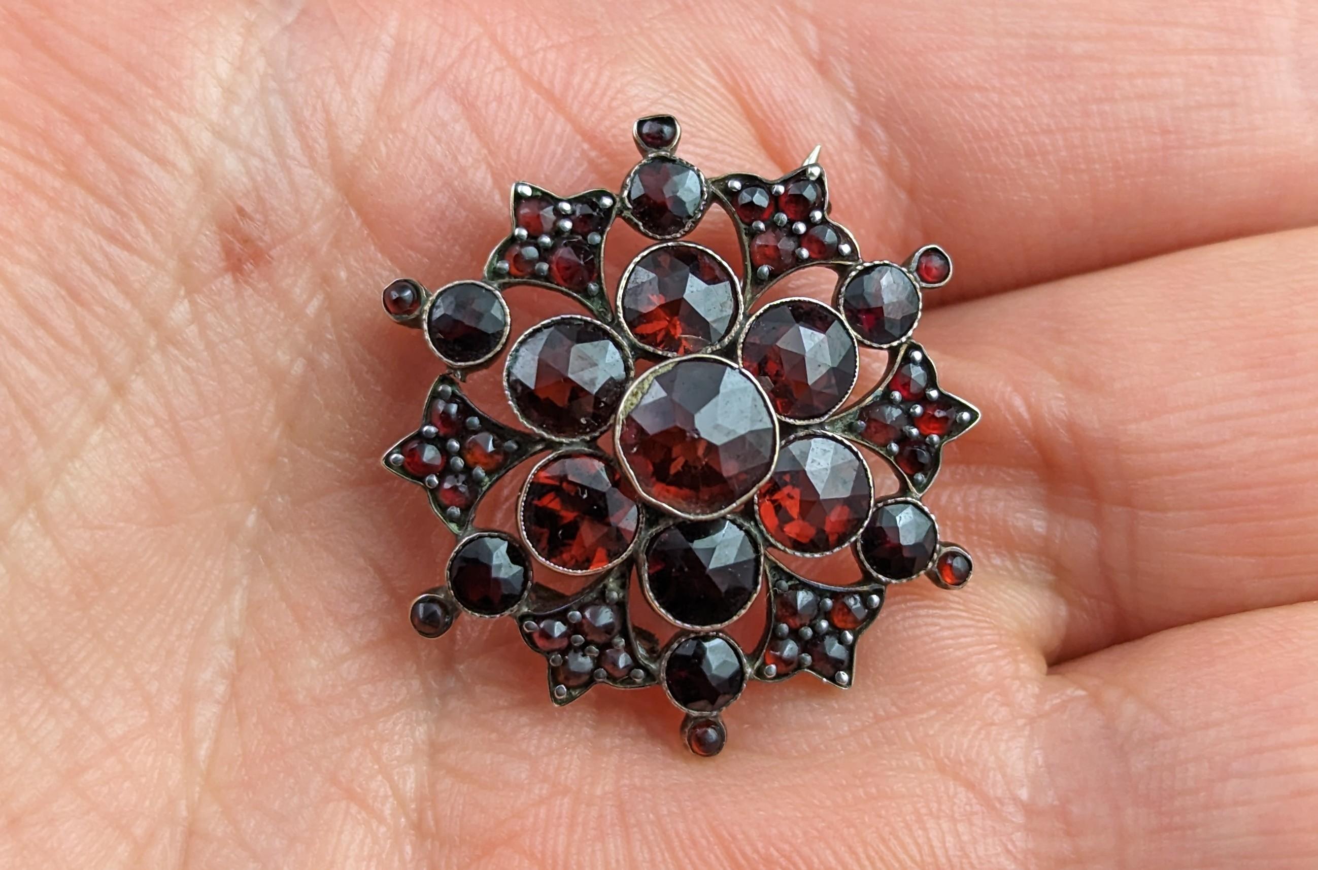 Antique Bohemian garnet Floral cluster brooch, Silver gilt In Fair Condition In NEWARK, GB