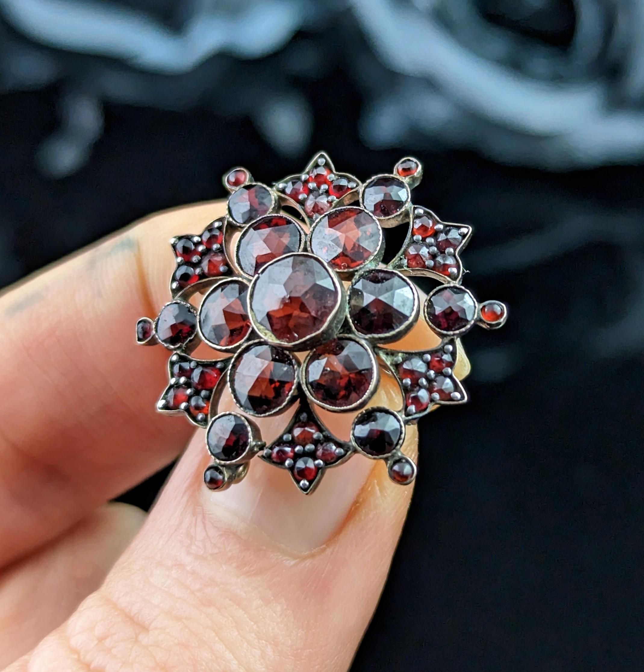 Women's Antique Bohemian garnet Floral cluster brooch, Silver gilt