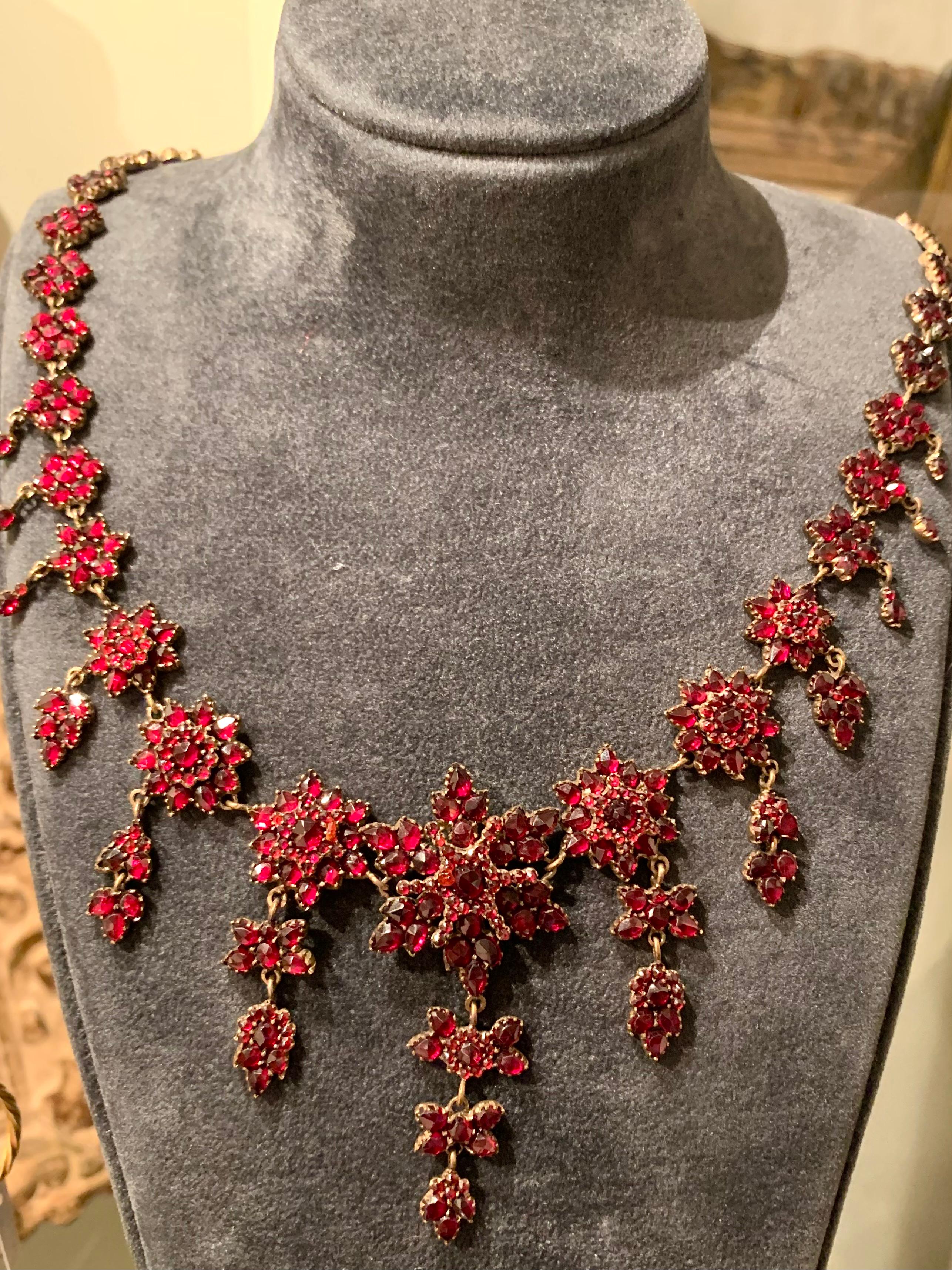 Victorian Antique Bohemian Garnet Flowers Stars Butterflies Leaves Necklace Silver Guilt For Sale
