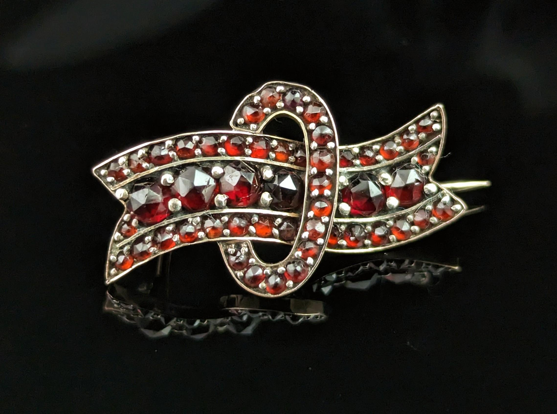 Antique Bohemian Garnet Ribbon Brooch, 8k Rose Gold 4