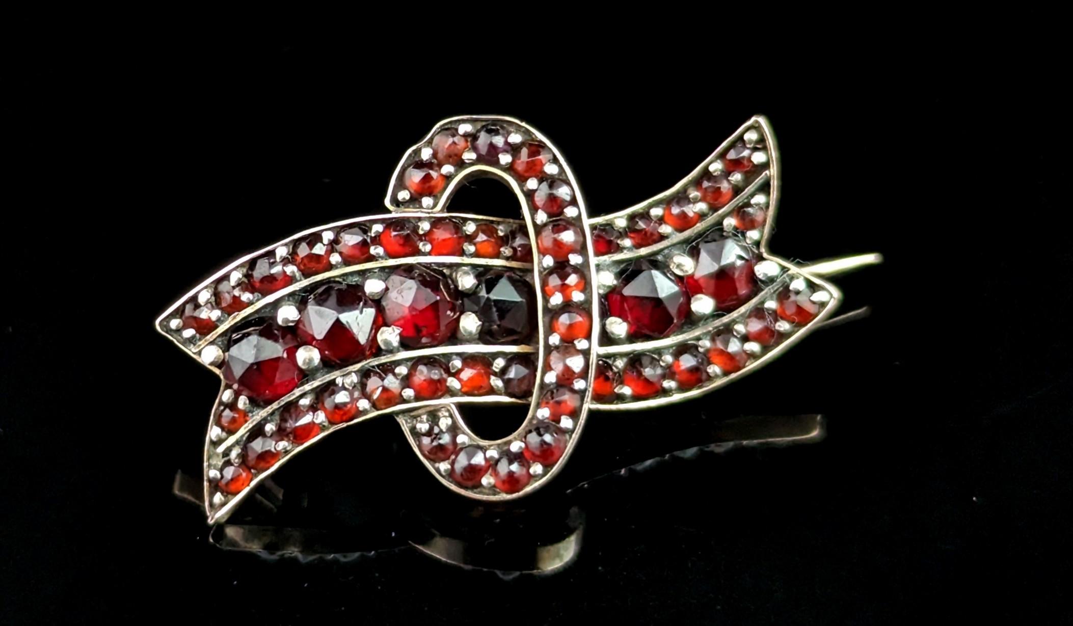 Antique Bohemian Garnet Ribbon Brooch, 8k Rose Gold 7