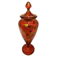 Antique Bohemian Gilded Cranberry Glass Vase with Lid, 19th Century