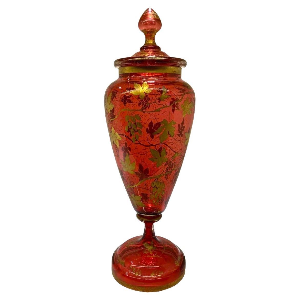 Antique Bohemian Gilded Cranberry Glass Vase with Lid, 19th Century For Sale