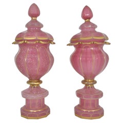 Pair of Antique Bohemian Gilded Pink Opaline Glass Goblets, 19th Century