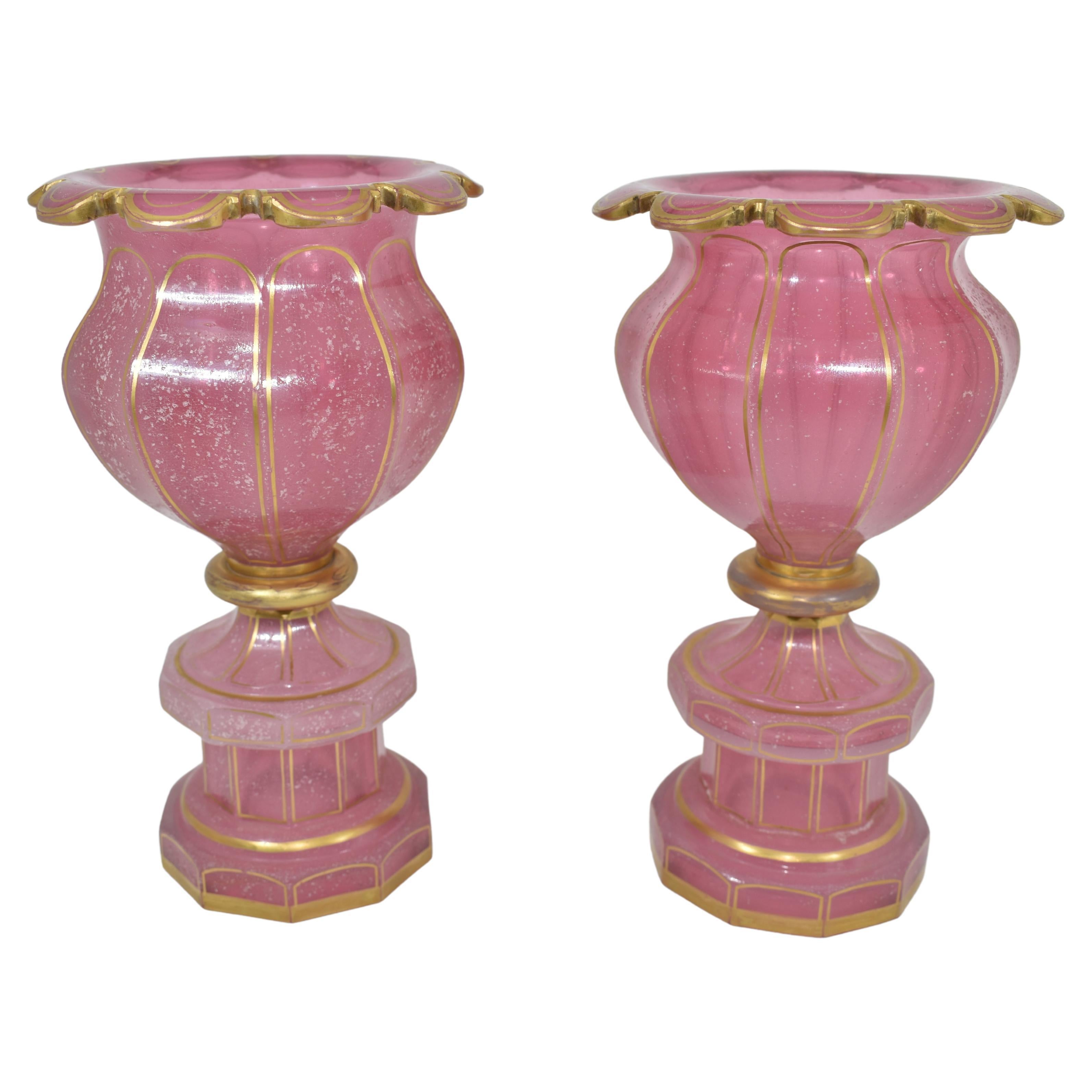 Gold Pair of Antique Bohemian Gilded Pink Opaline Glass Goblets, 19th Century For Sale