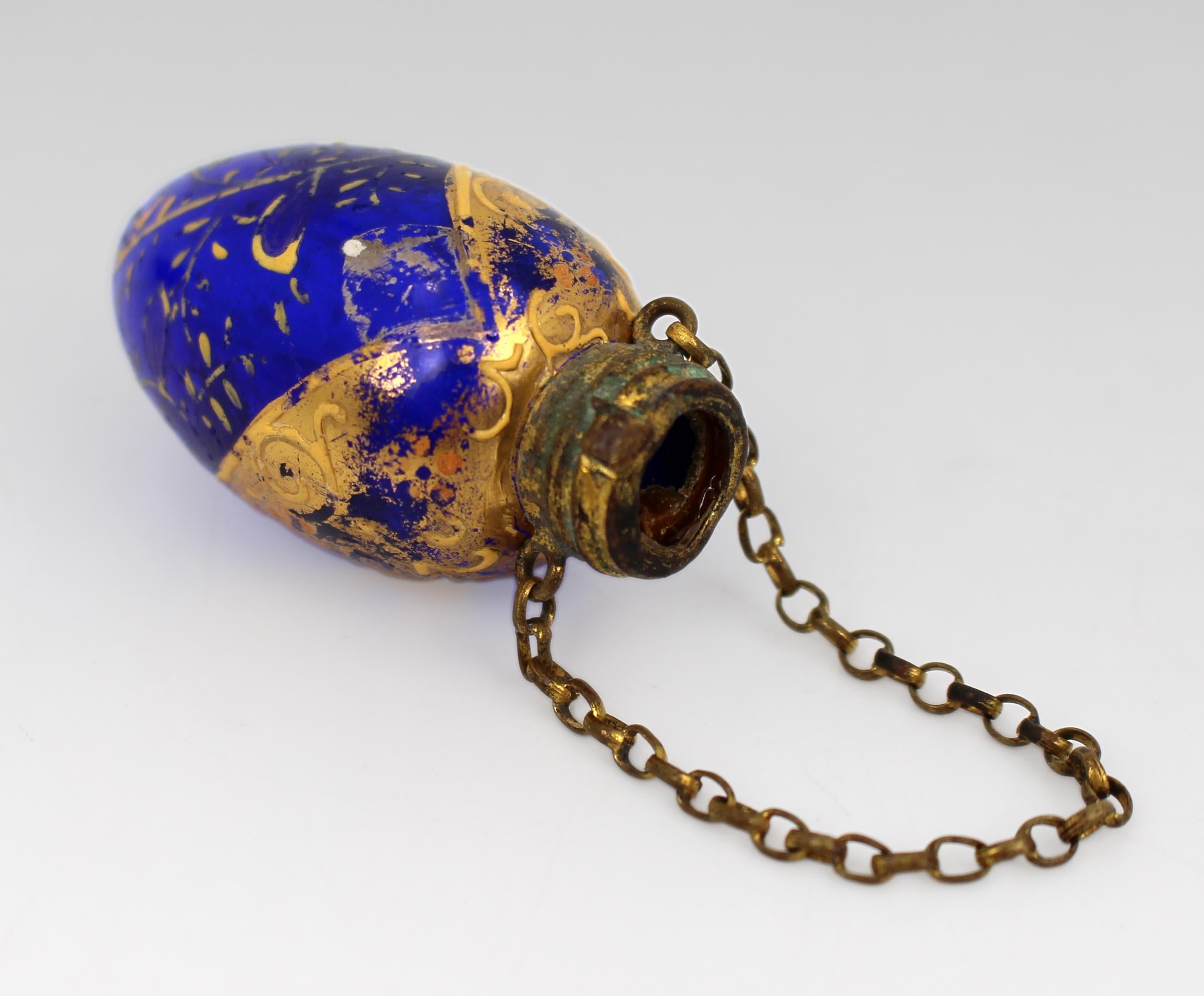European Antique Bohemian Gilt and Enamelled Blue Glass Chatelaine Scent Bottle, c.187022 For Sale
