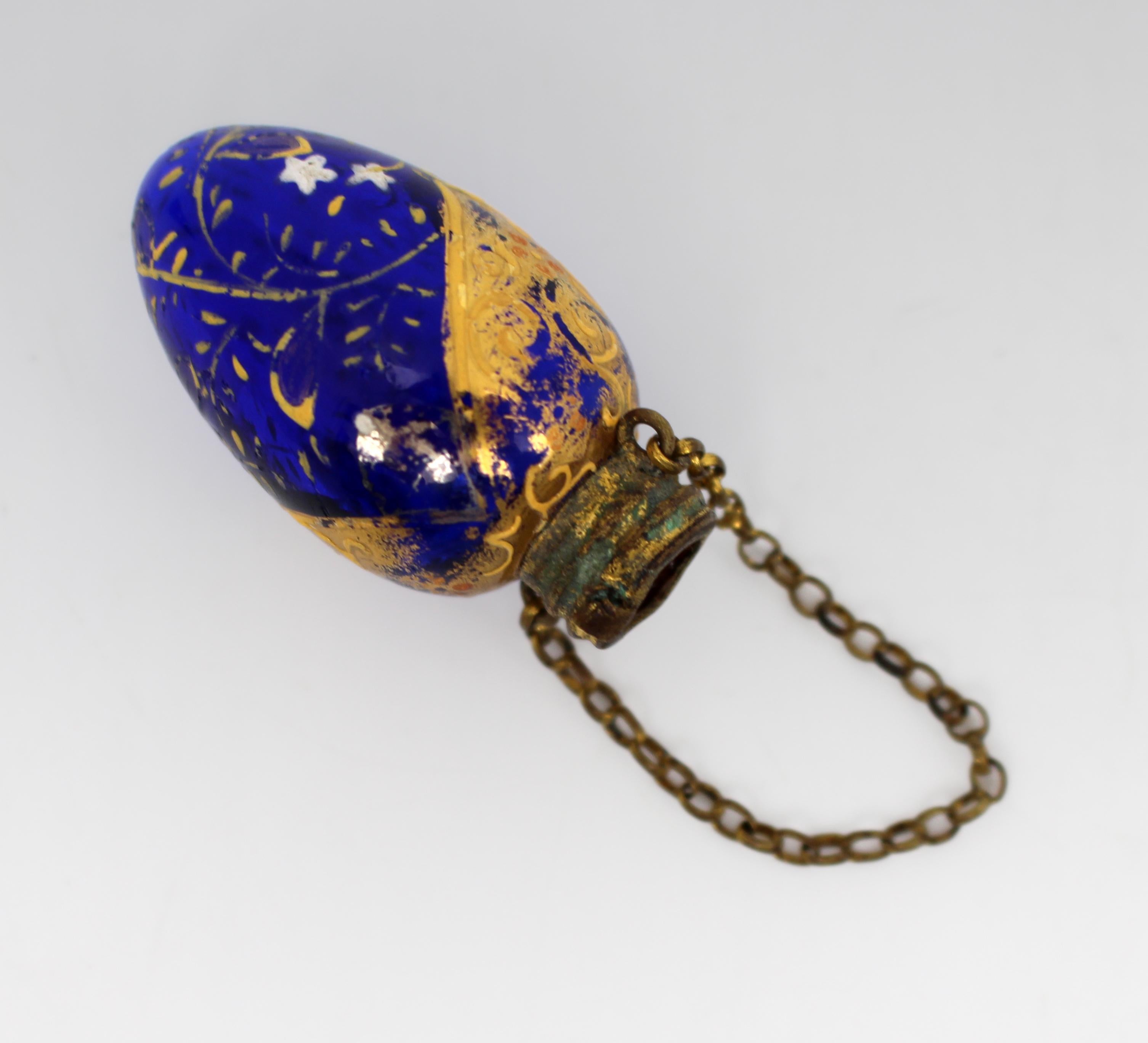 Antique Bohemian Gilt and Enamelled Blue Glass Chatelaine Scent Bottle, c.187022 In Good Condition For Sale In Worcester, GB