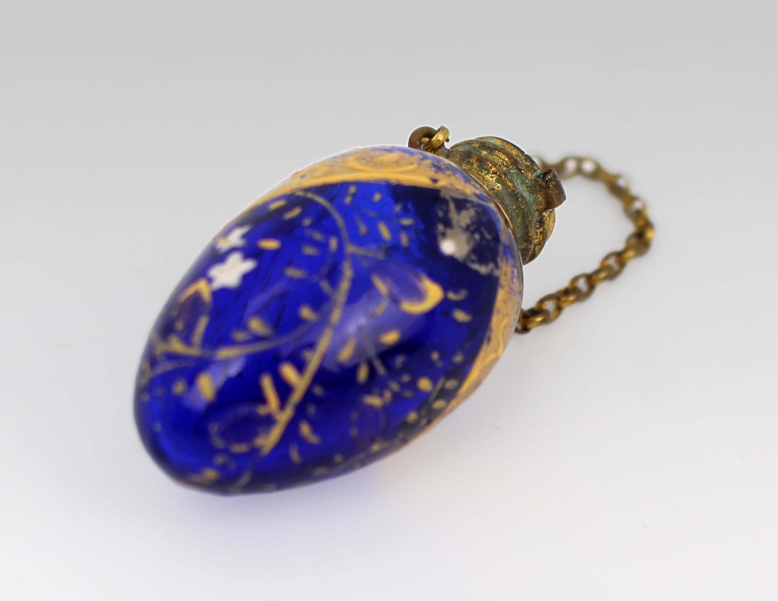 19th Century Antique Bohemian Gilt and Enamelled Blue Glass Chatelaine Scent Bottle, c.187022 For Sale