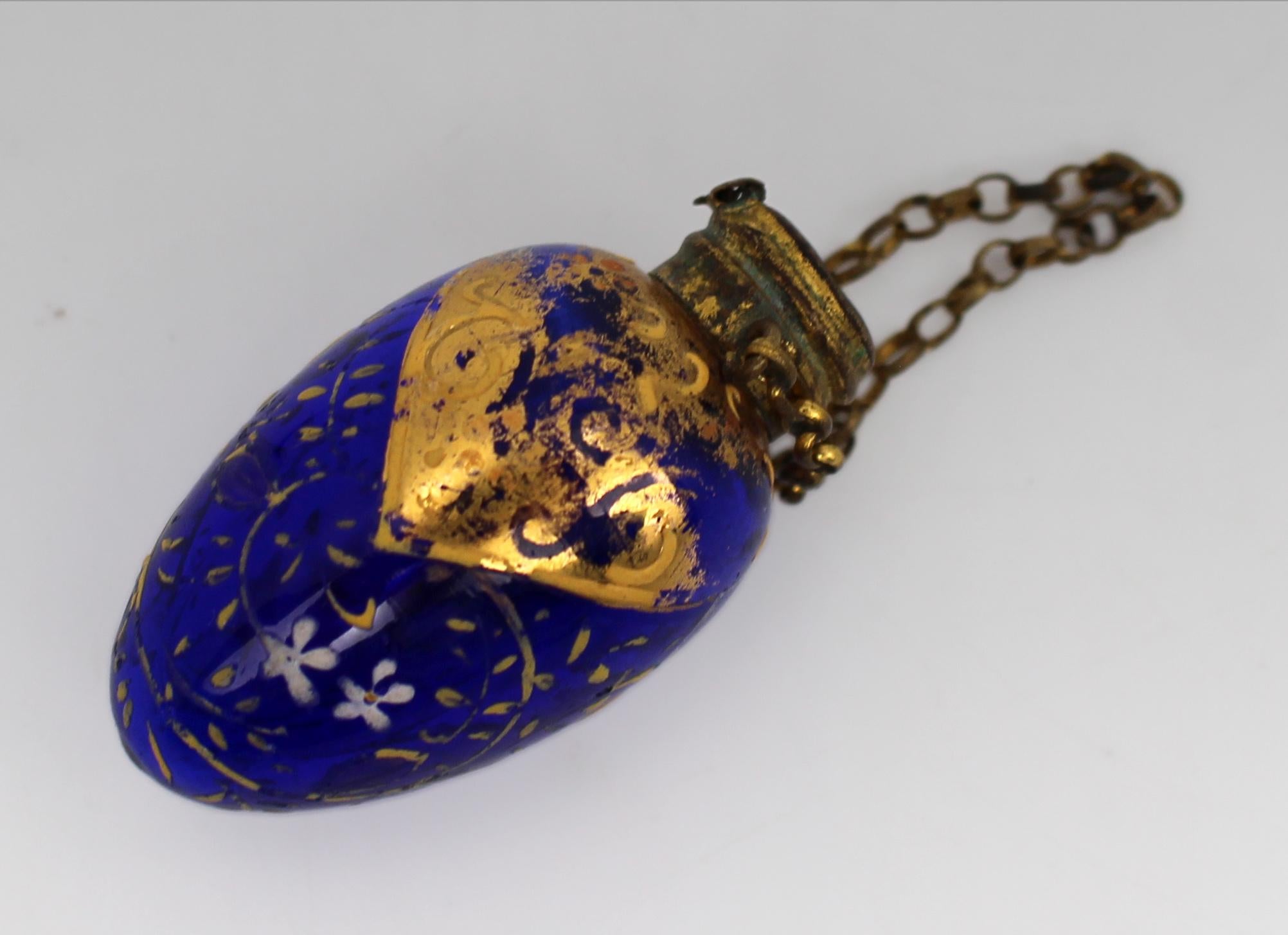 Antique Bohemian Gilt and Enamelled Blue Glass Chatelaine Scent Bottle, c.187022 For Sale 1