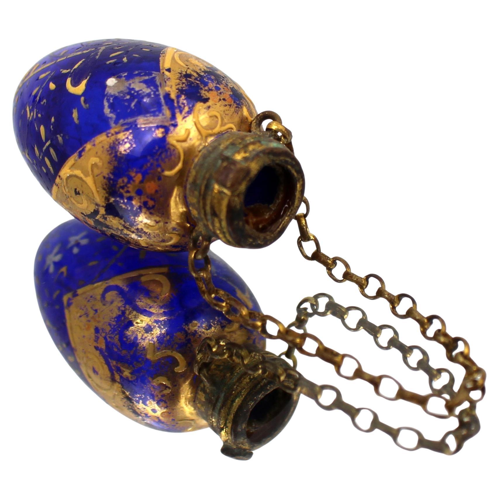 Antique Bohemian Gilt and Enamelled Blue Glass Chatelaine Scent Bottle, c.187022 For Sale