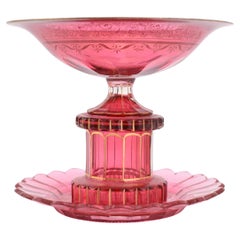 ANTIQUE BOHEMIAN GILT CRANBERRY GLASS CENTERPIECE BOWL AND PLATE, 19th CENTURY