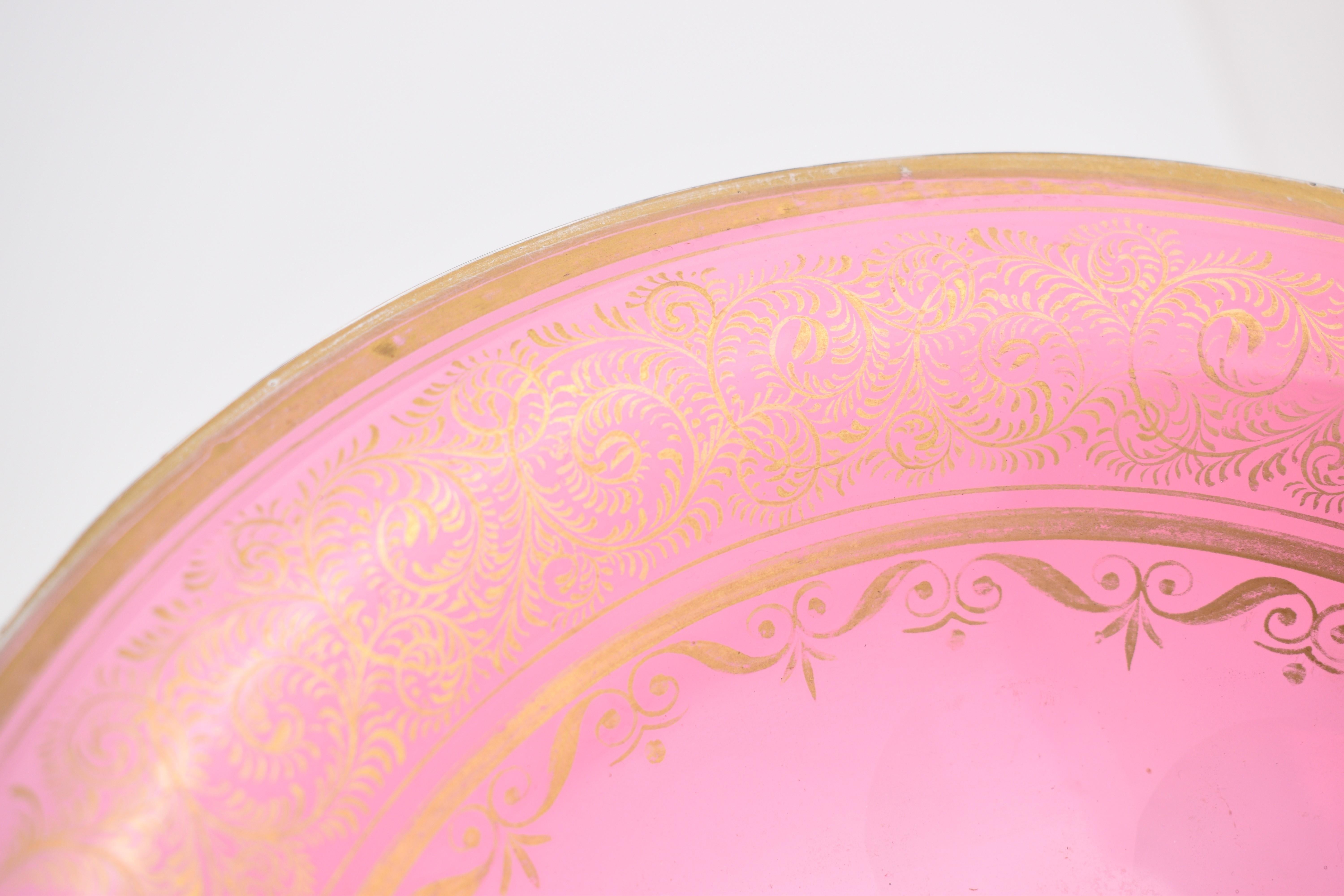 Crystal ANTIQUE BOHEMIAN GILT CRANBERRY GLASS CENTERPIECE BOWL AND PLATE, 19th CENTURY For Sale