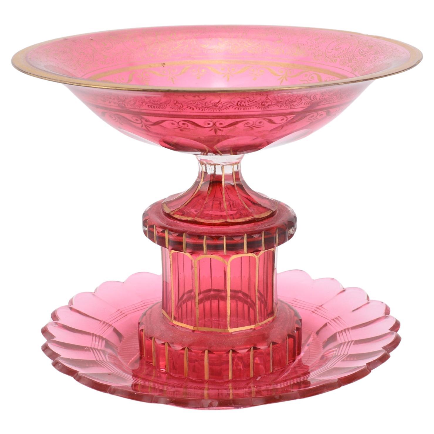 Gilt ANTIQUE BOHEMIAN GILT CRANBERRY GLASS CENTERPIECE BOWL AND PLATE, 19th CENTURY For Sale