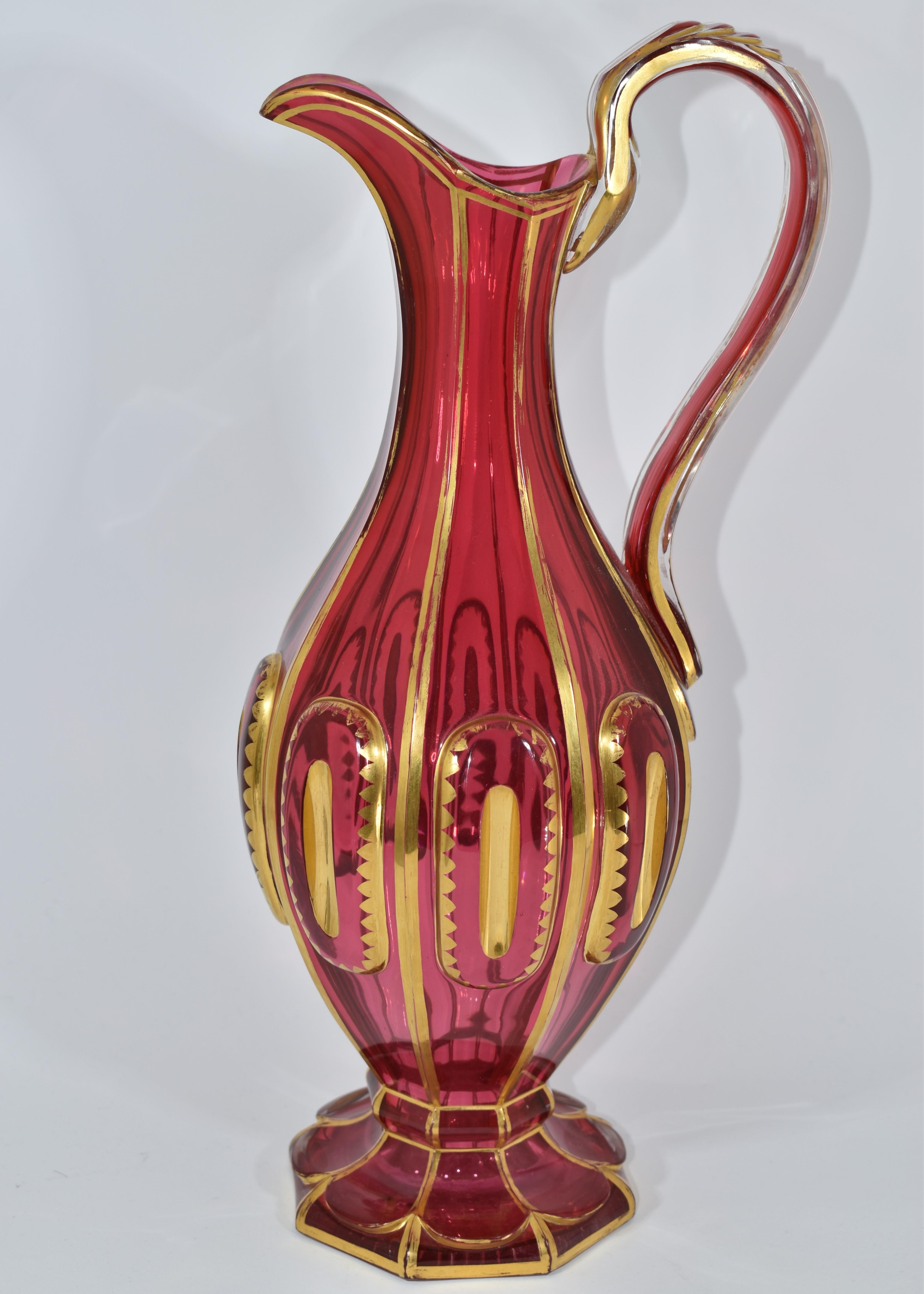 Antique Bohemian Gilt Cranberry Glass Pitcher, Jug, 19th Century In Good Condition For Sale In Rostock, MV