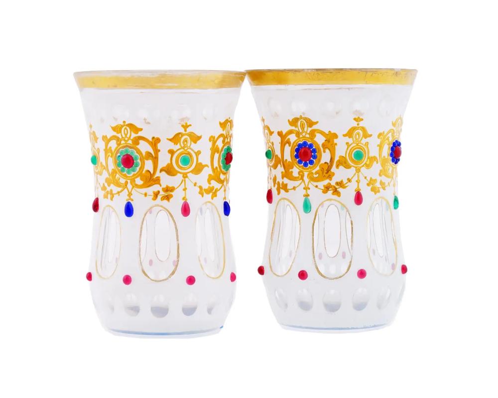 Unknown Antique Bohemian Gilt Jeweled Frosted Glass Cups For Sale