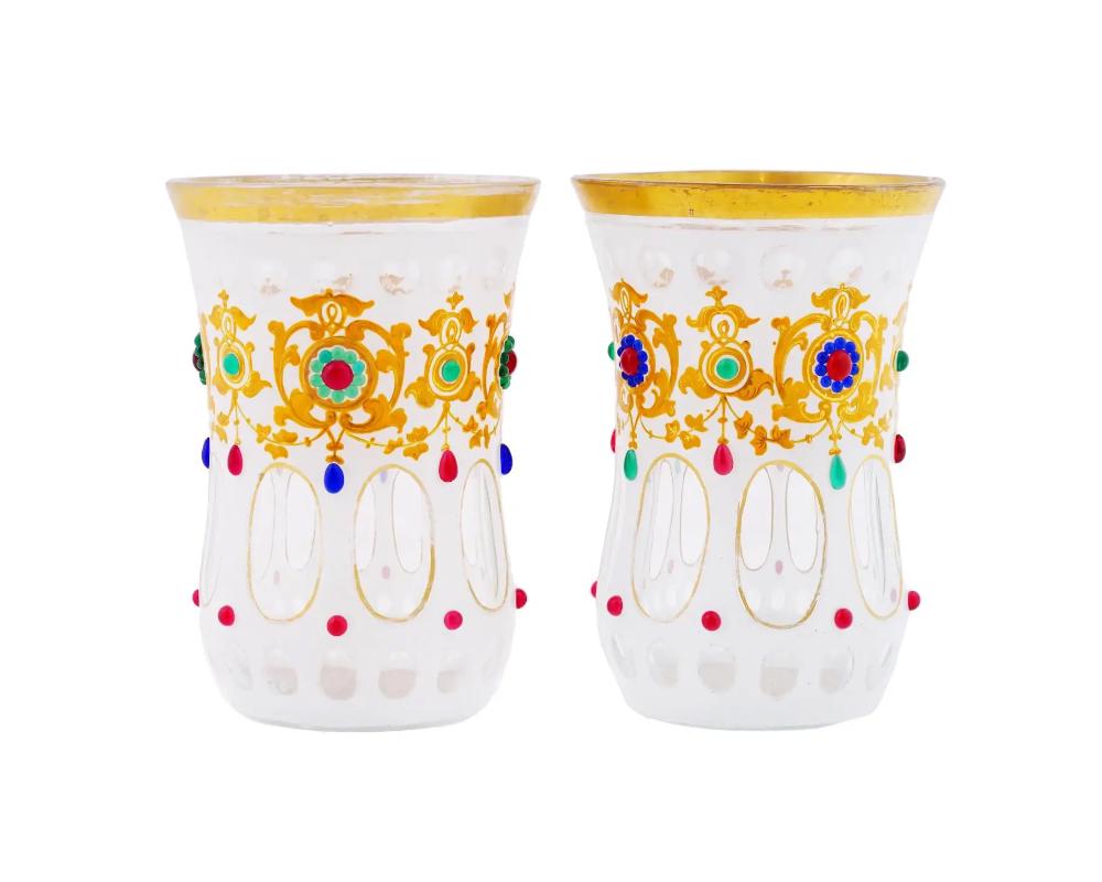 Antique Bohemian Gilt Jeweled Frosted Glass Cups In Good Condition For Sale In New York, NY