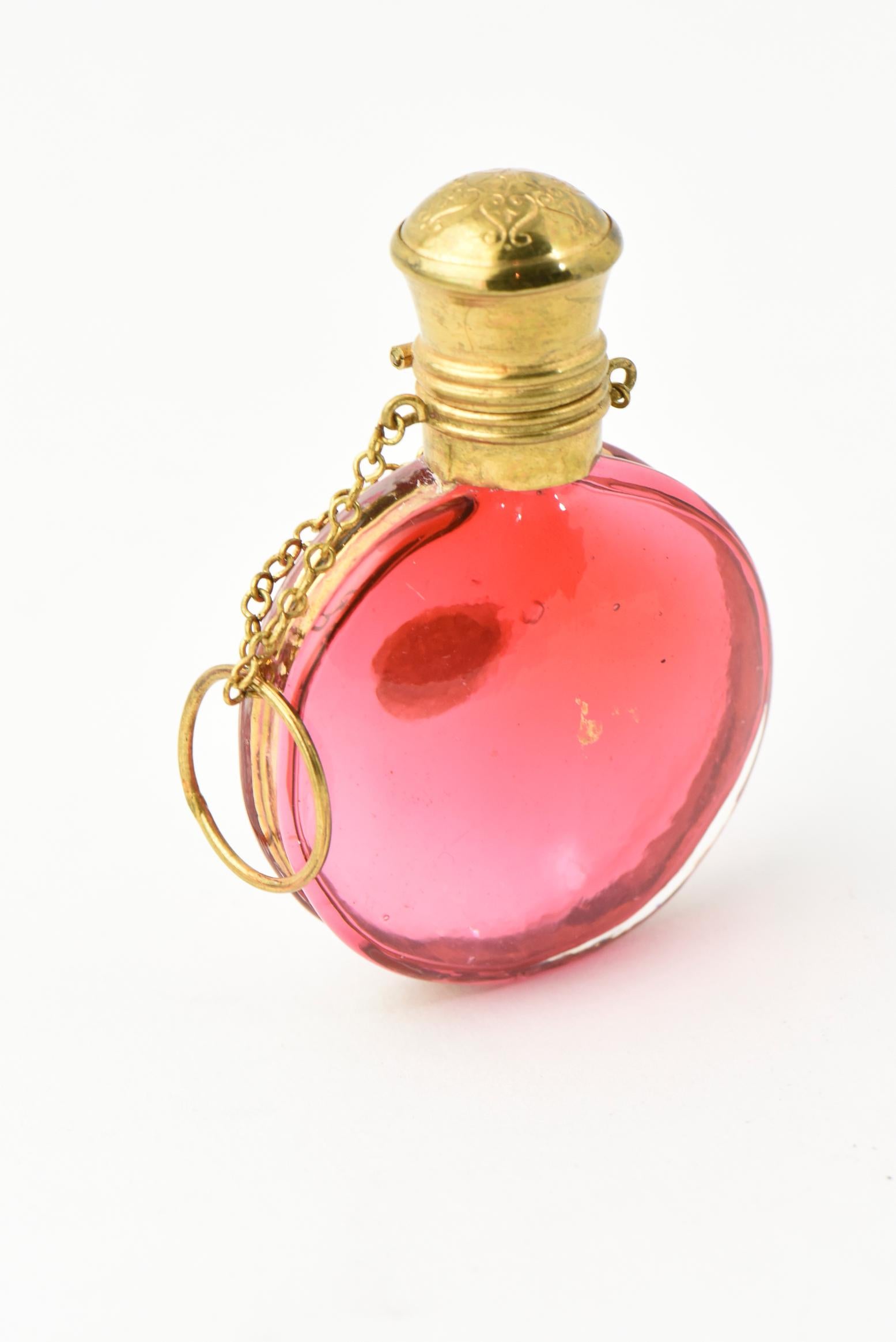19th century Czech cranberry glass perfume bottle with glass stopper, hinged gilt lid and 4