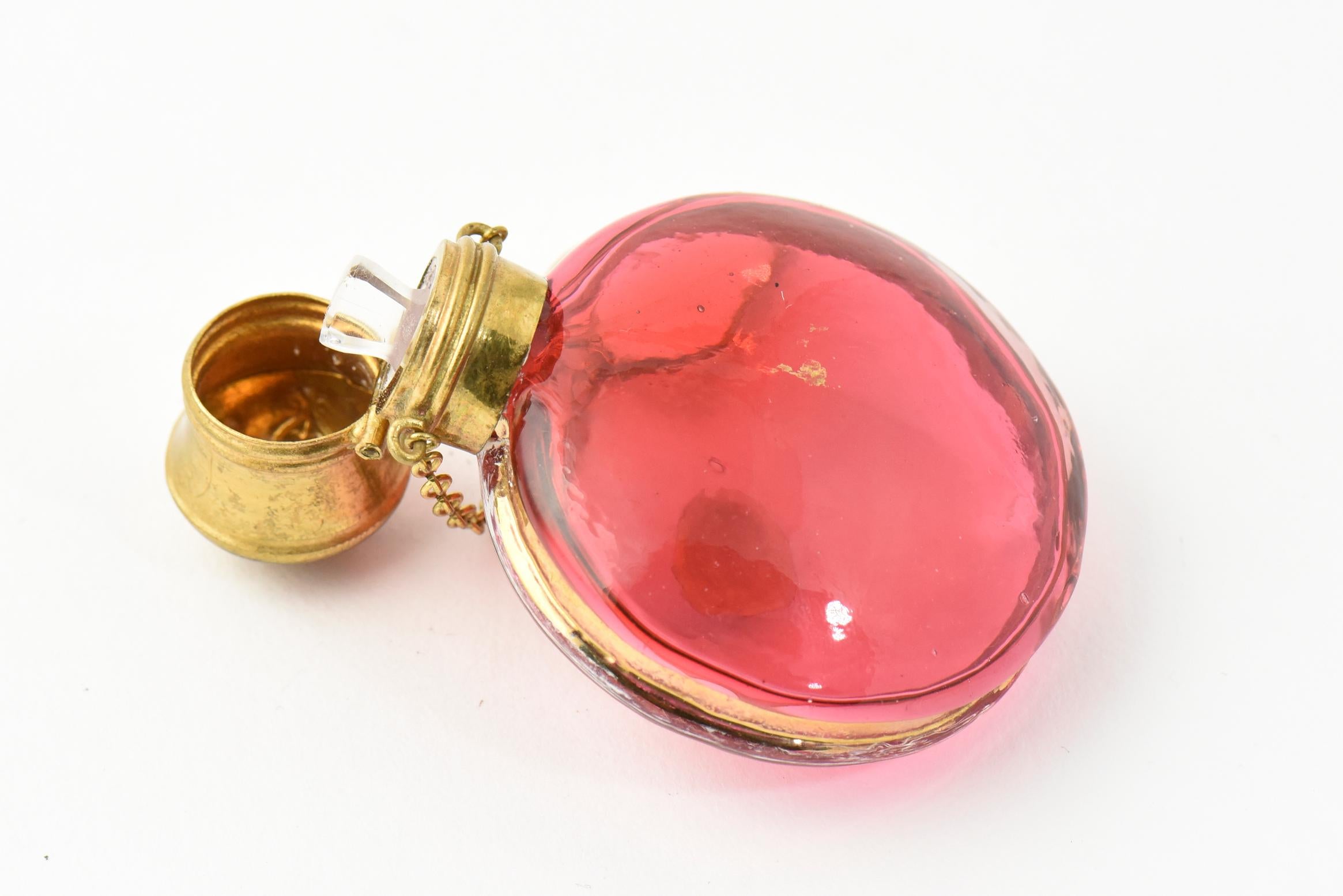 Victorian Antique Bohemian Cranberry Gilt Perfume Bottle with Chatelaine Finger Chain