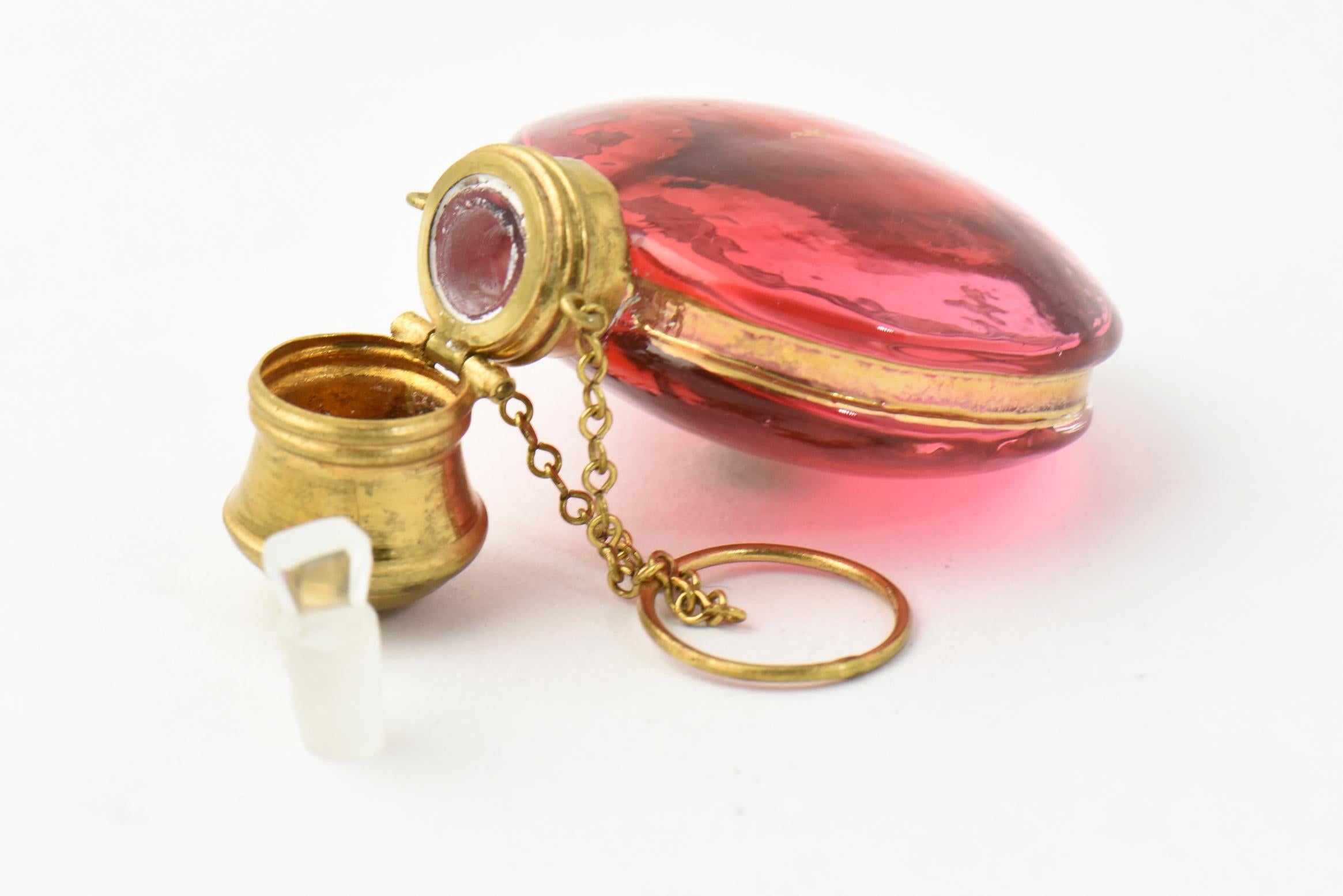 Czech Antique Bohemian Cranberry Gilt Perfume Bottle with Chatelaine Finger Chain