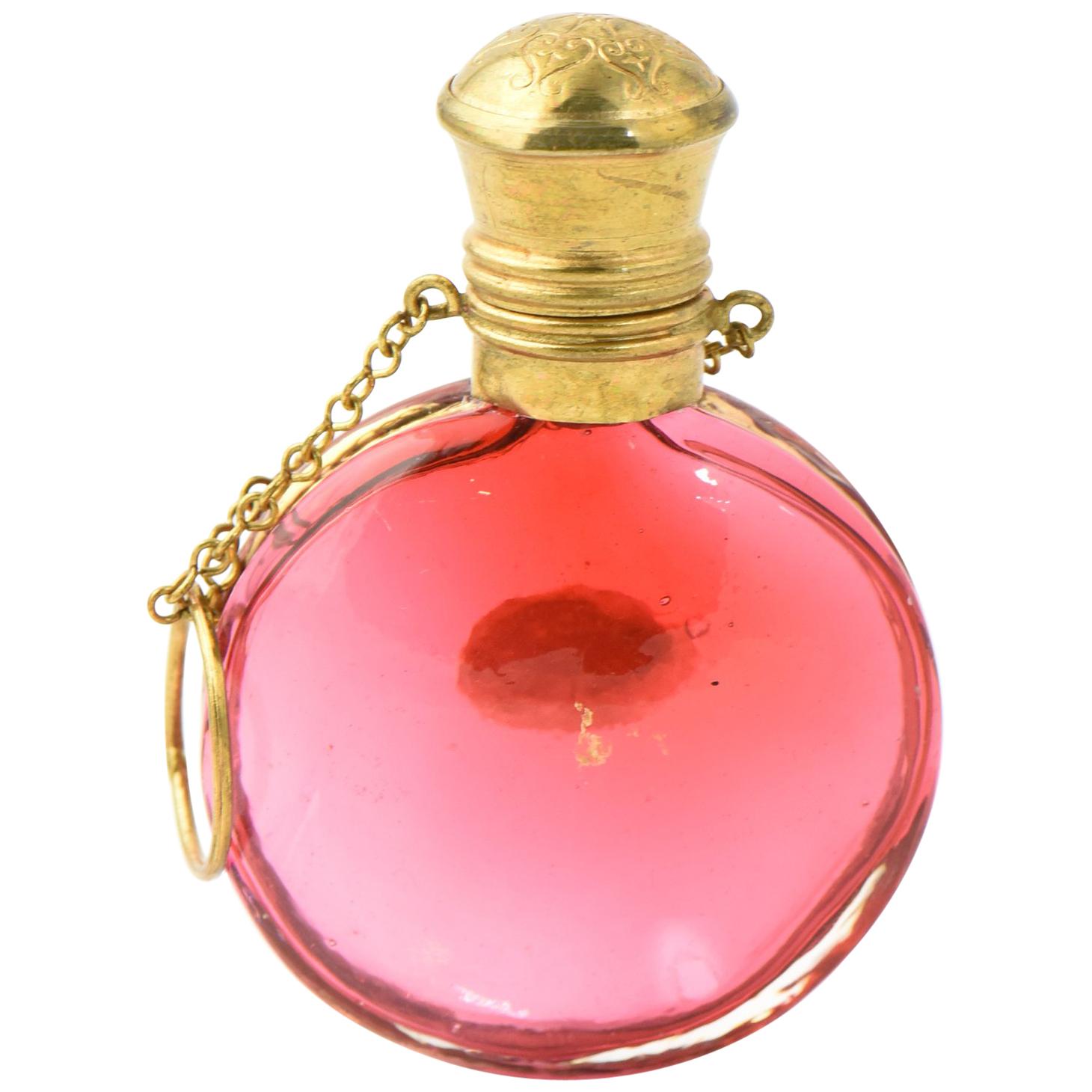 Antique Bohemian Cranberry Gilt Perfume Bottle with Chatelaine Finger Chain