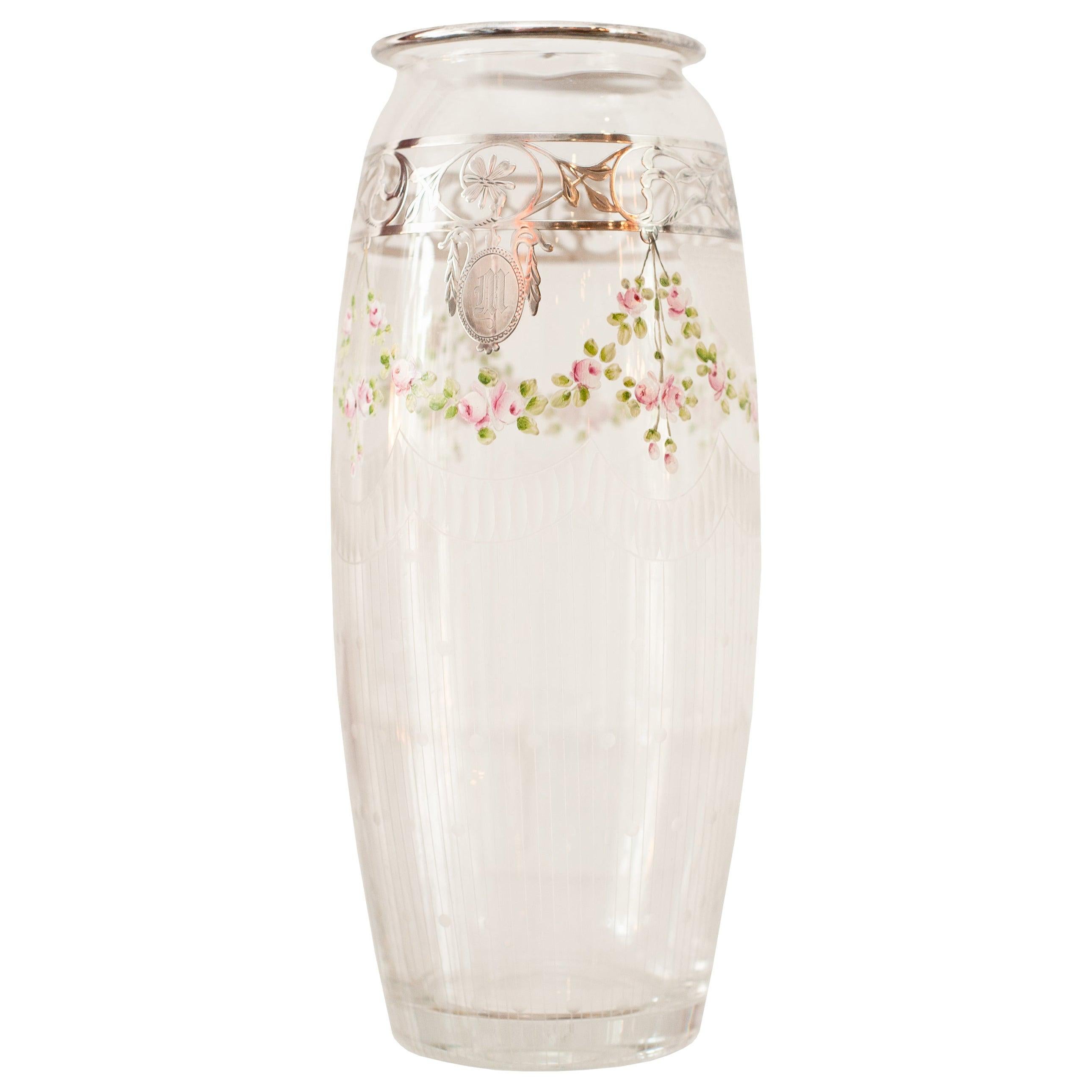 Alabaster Glass Vase with Turquoise Beads and Gilt Detail by