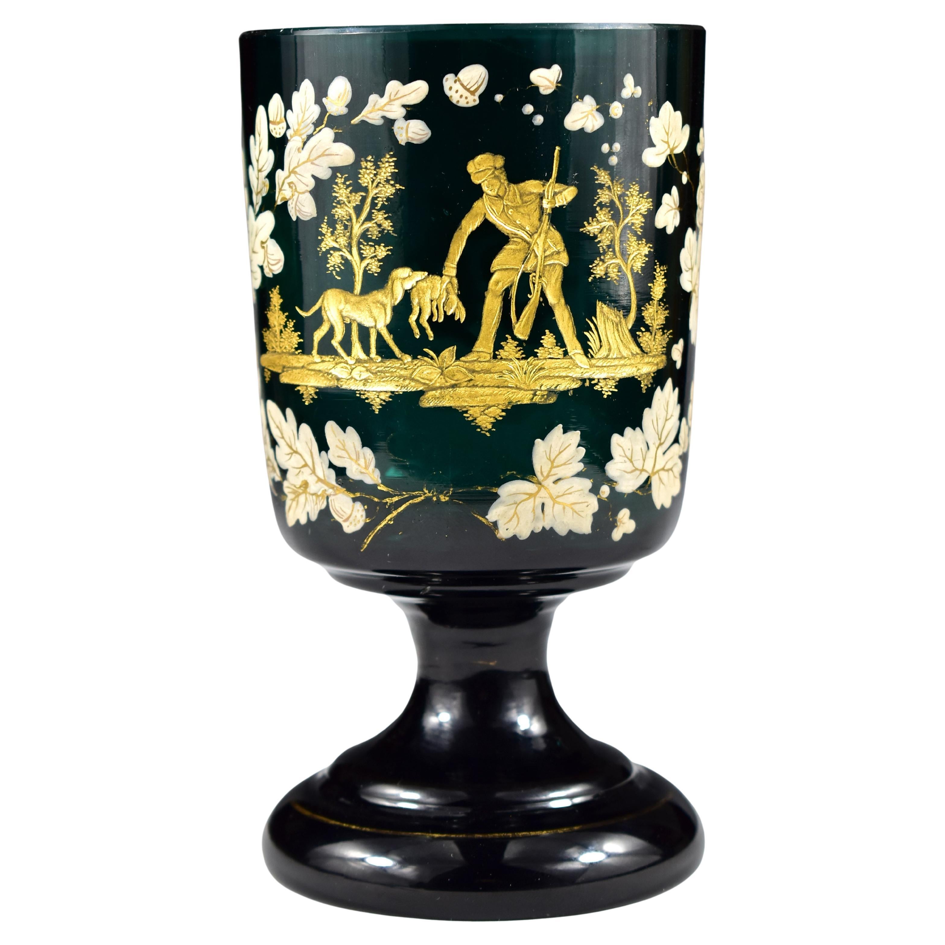 Antiguo Cáliz de Cristal de Bohemia - Dorado Grabado Motivo de Caza Siglo XIX