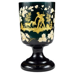 Antique Bohemian Glass Goblet - Gilt Engraved Hunting motif 19th century