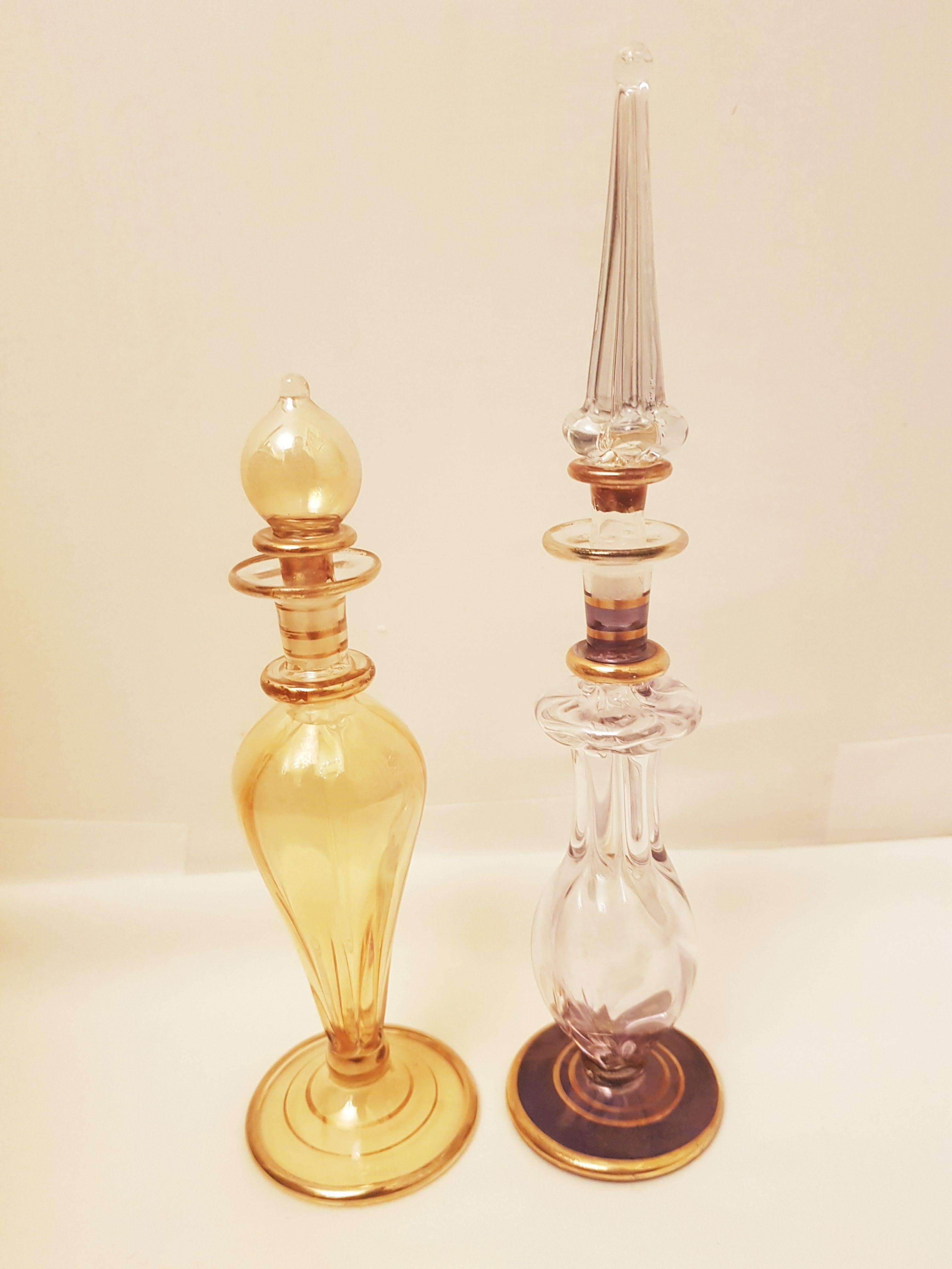 Beautiful antique Bohemian glass Perfume Bottles purple and amber colour brilliant condition.