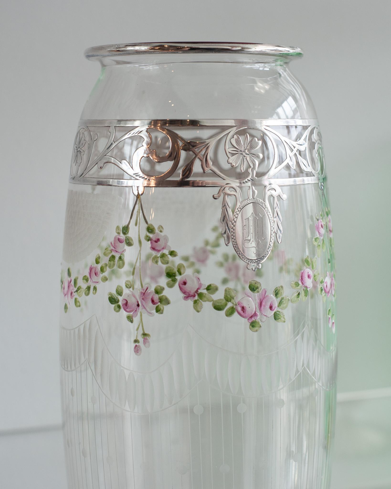 Czech Antique Bohemian Glass Vase with Floral Enamel and Sterling Silver For Sale