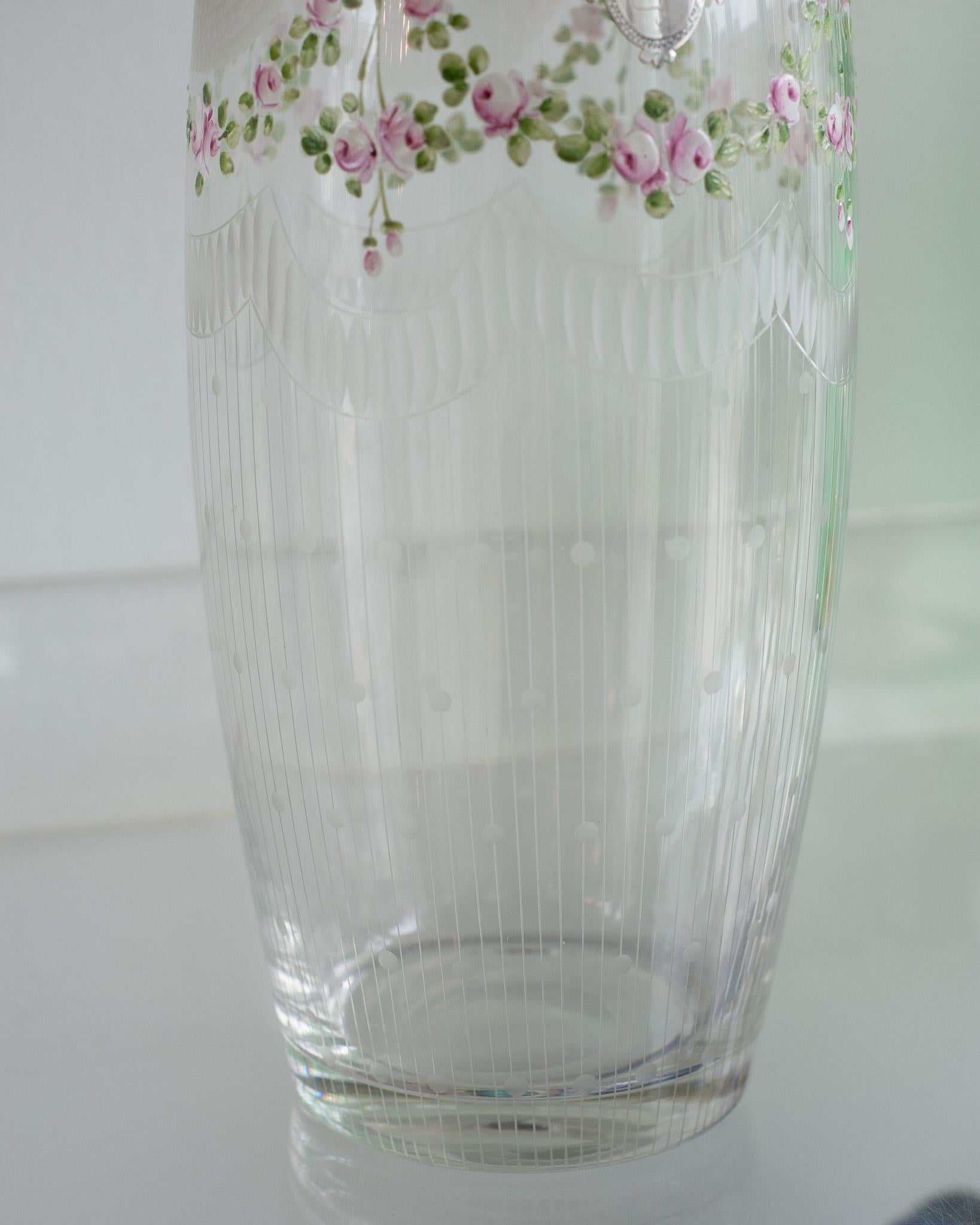 Hand-Painted Antique Bohemian Glass Vase with Floral Enamel and Sterling Silver For Sale