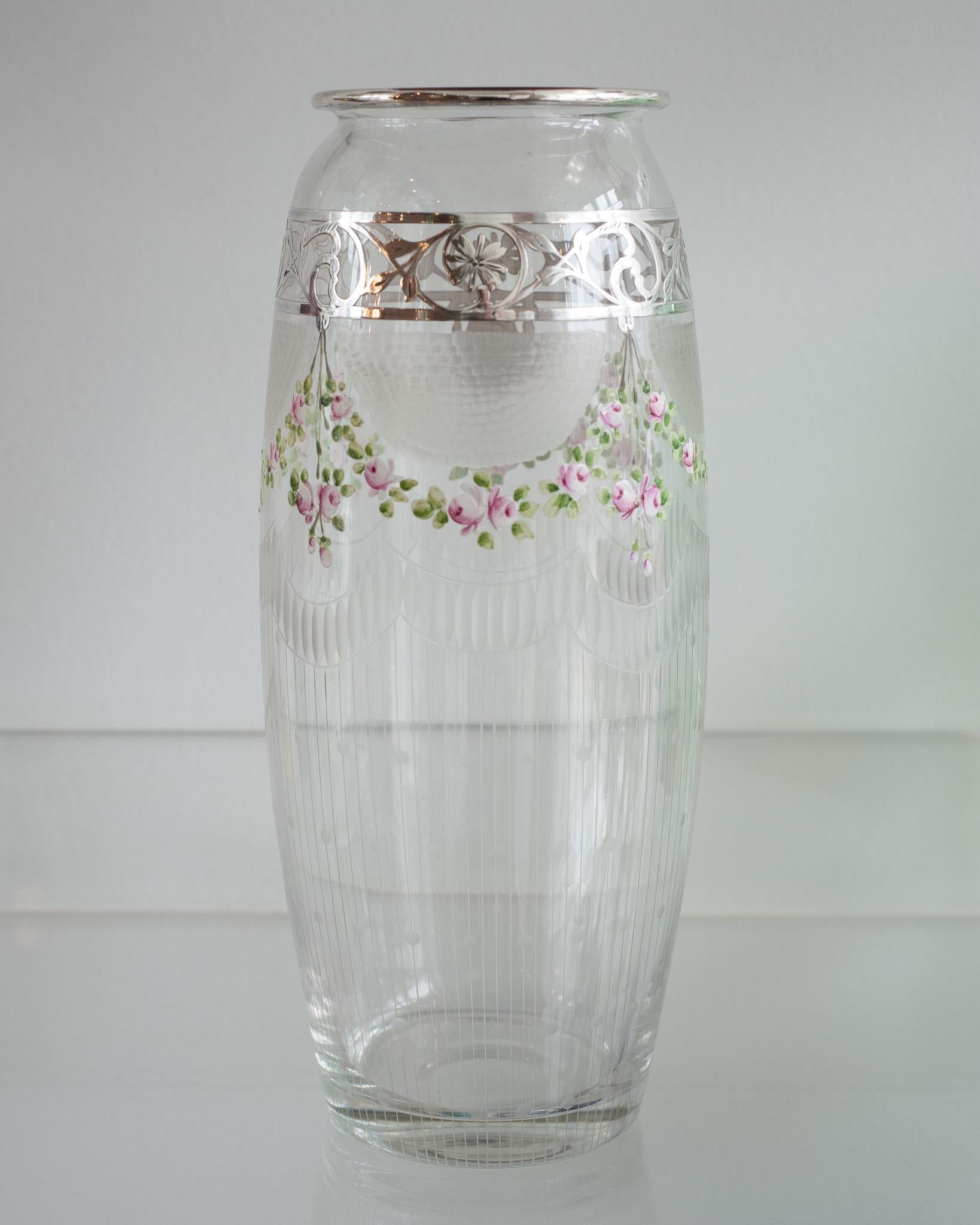 Antique Bohemian Glass Vase with Floral Enamel and Sterling Silver In Good Condition For Sale In Toronto, ON