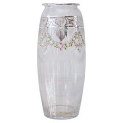 Antique Bohemian Glass Vase with Floral Enamel and Sterling Silver