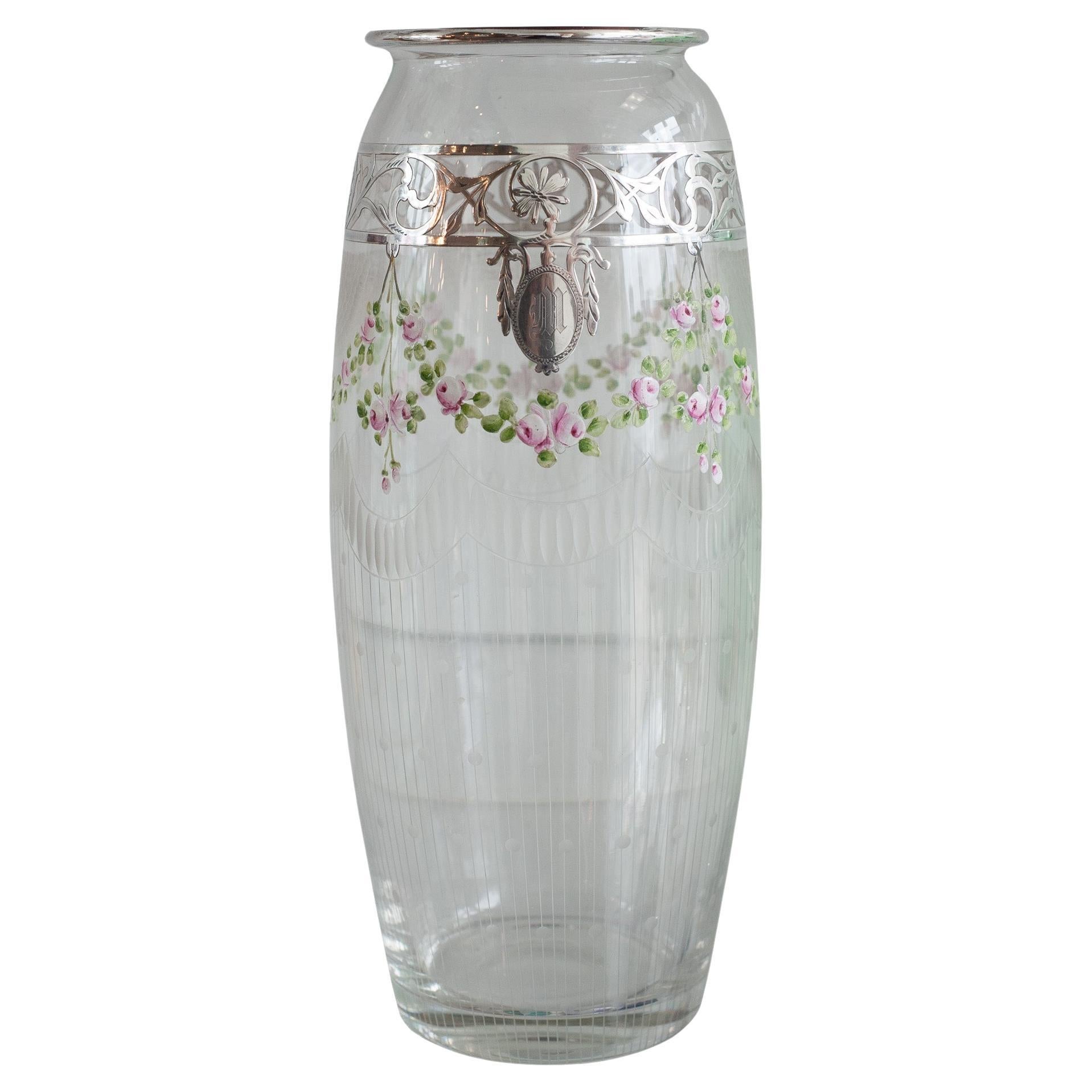 Antique Bohemian Glass Vase with Floral Enamel and Sterling Silver For Sale