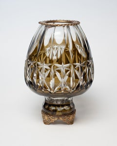 Antique Bohemian Green Cut Crystal Vase with Bronze Trims