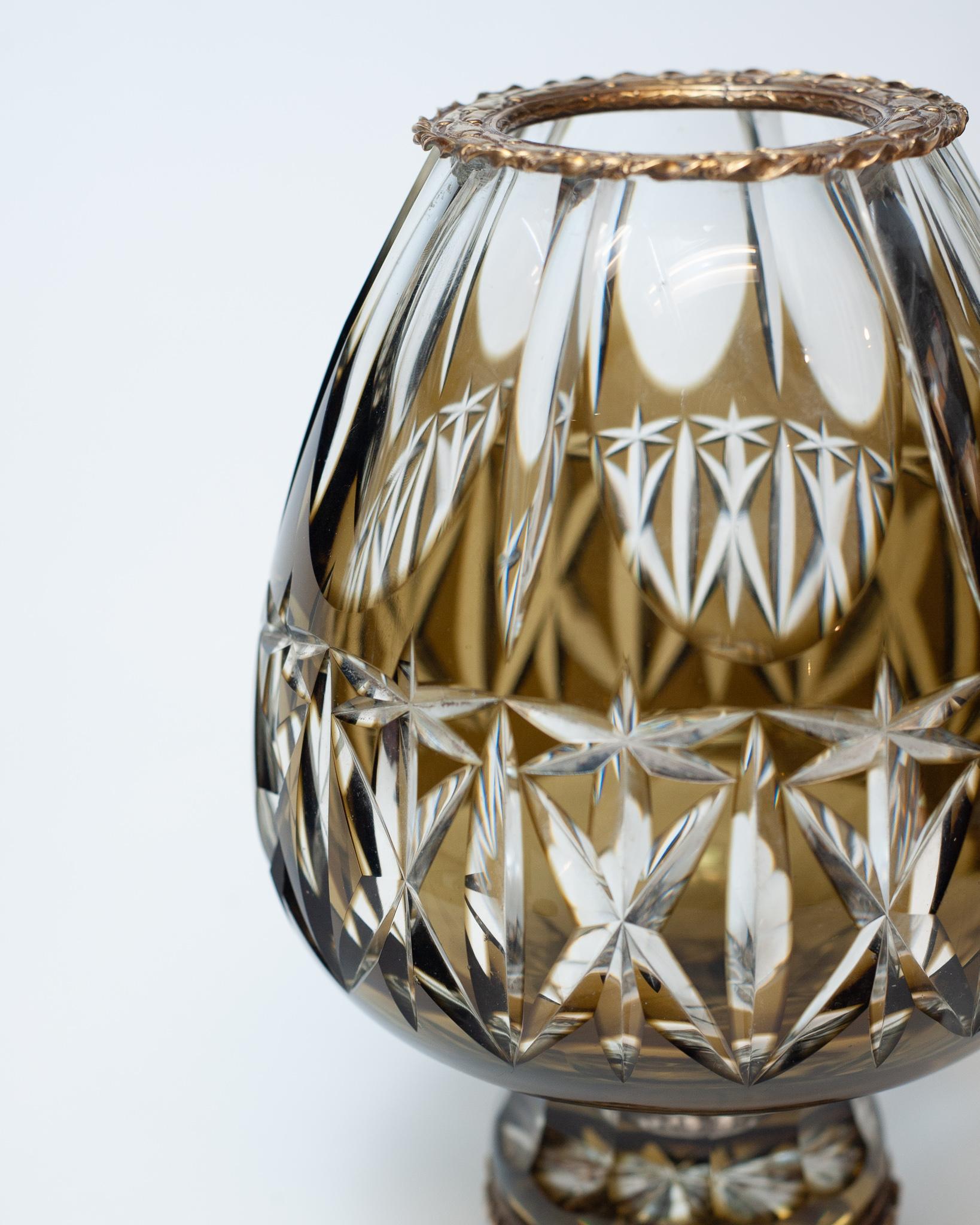 Czech Antique Bohemian Green Cut Crystal Vase with Bronze Trims