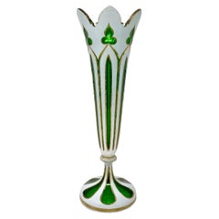 Antique Bohemian Green Cut Crystal Vase with White & Gold Overlay, Circa 1900.