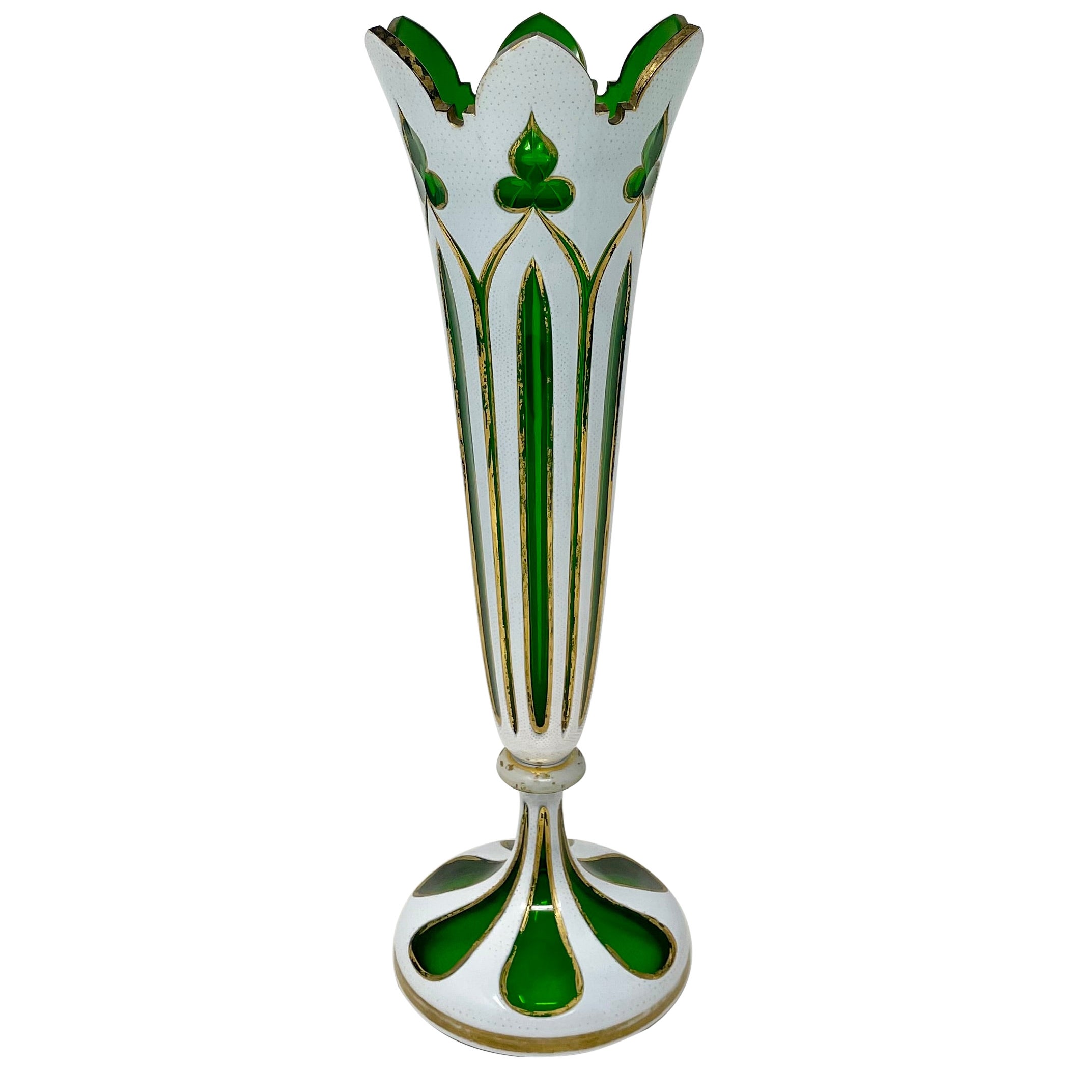 Antique Bohemian Green Cut Crystal Vase with White & Gold Overlay, Circa 1900.